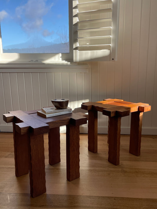 Set of Two Brutalist Oak Side Tables