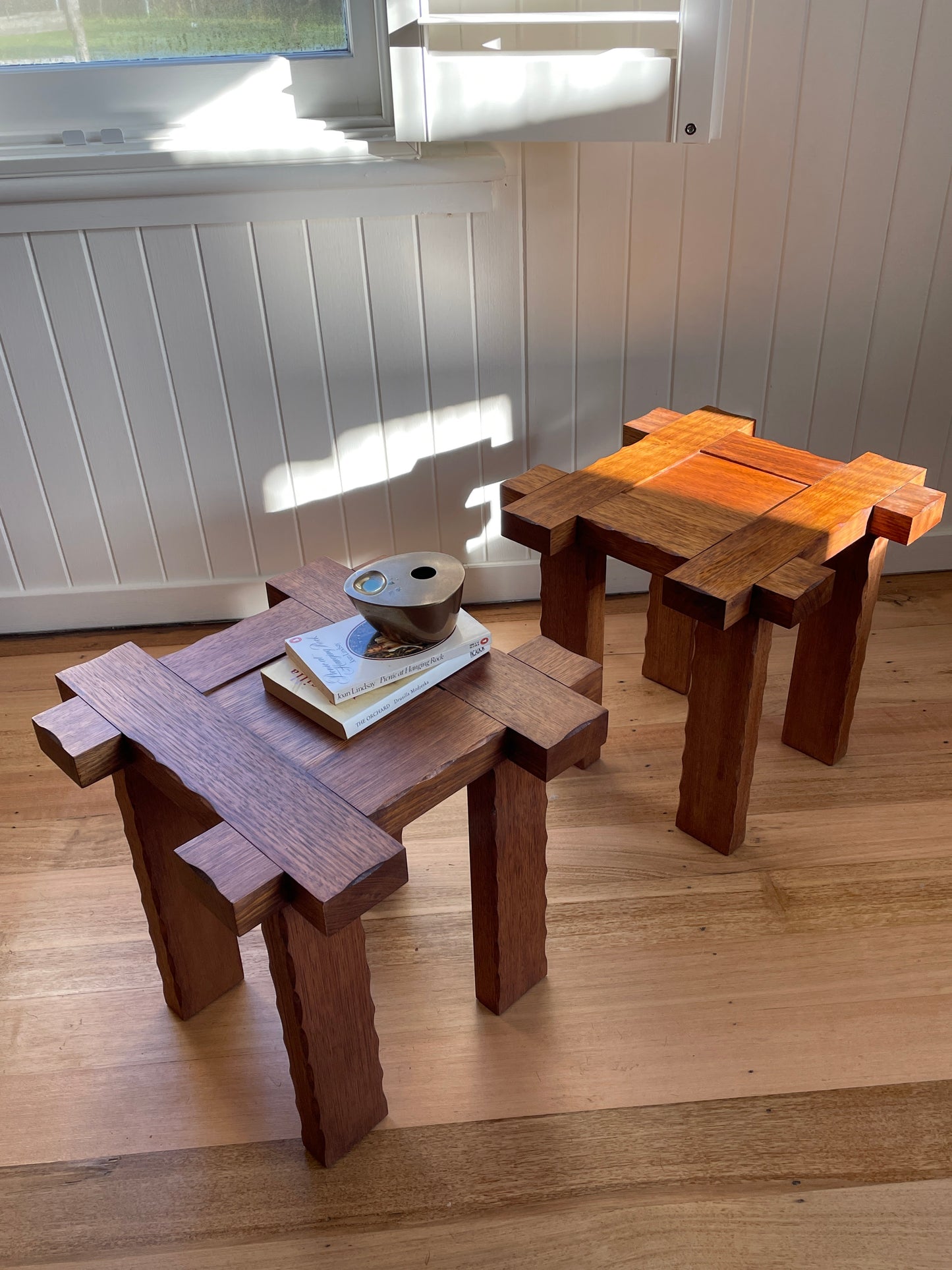 Set of Two Brutalist Oak Side Tables