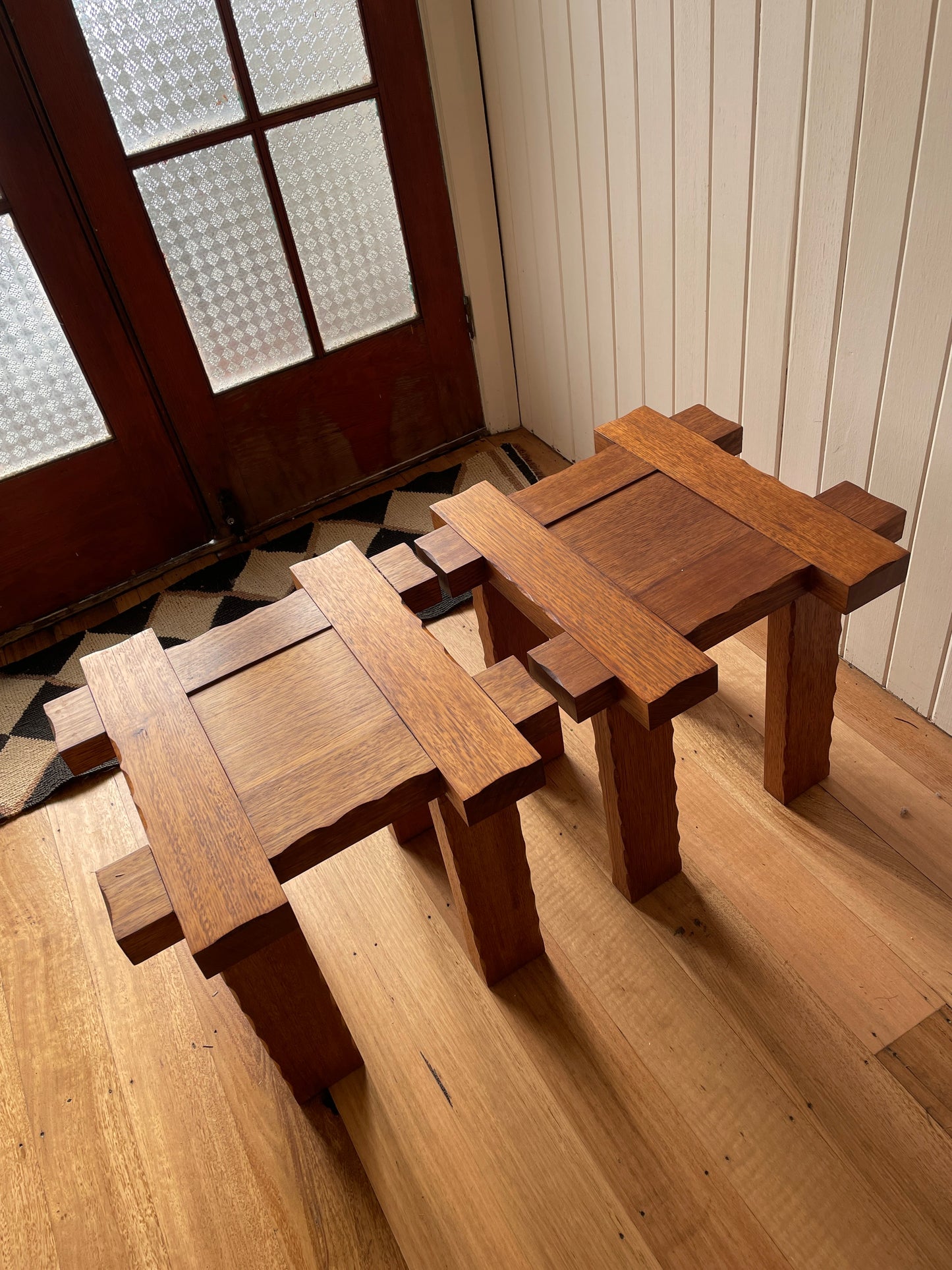 Set of Two Brutalist Oak Side Tables