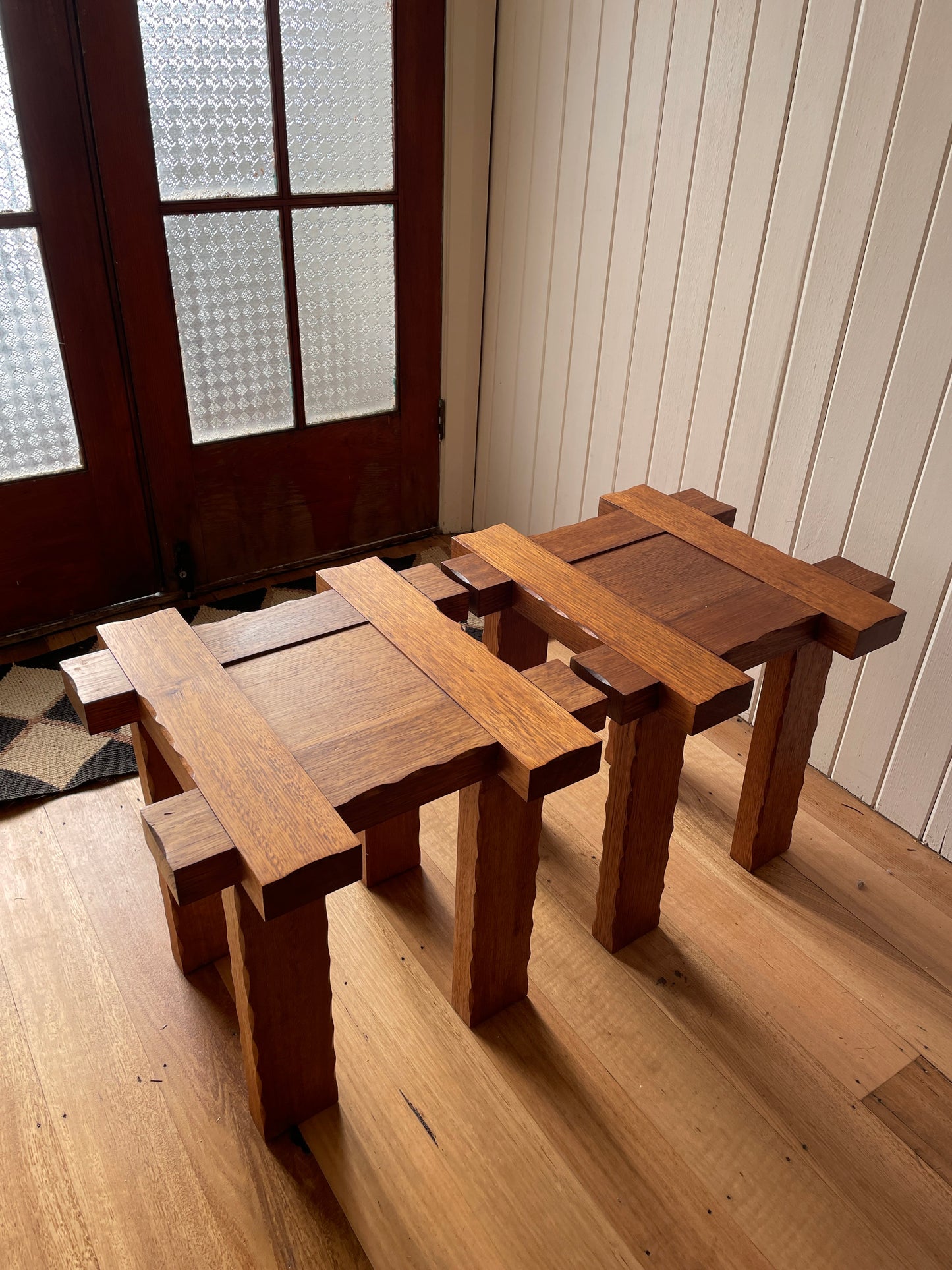 Set of Two Brutalist Oak Side Tables