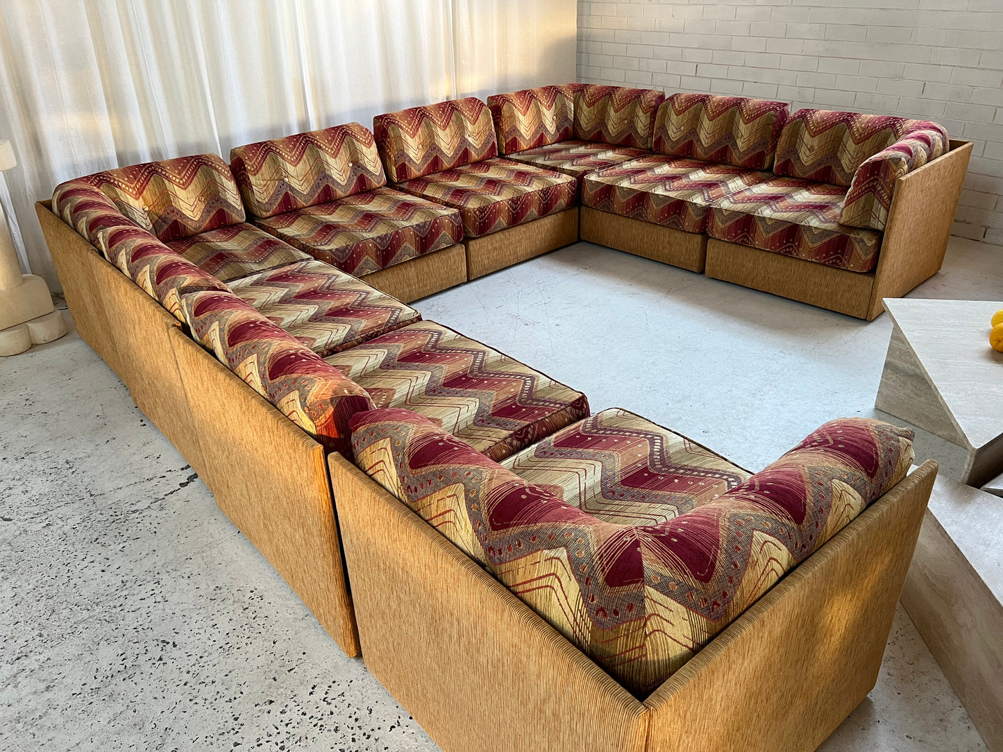 Vintage 9 Piece Geometric Corduroy Modular Sofa & Ottoman (Set)