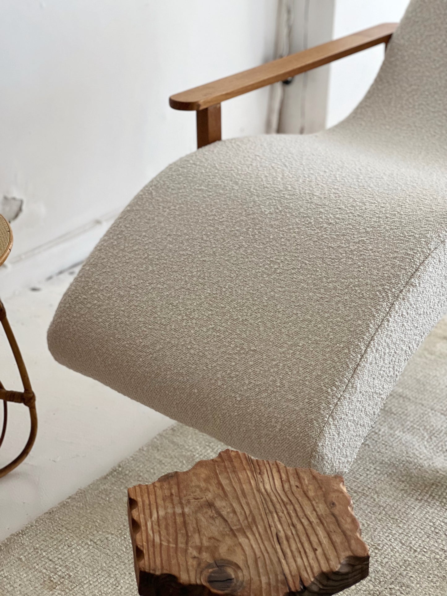 Sculptural Boucle & Wooden Chaise Lounge Chair