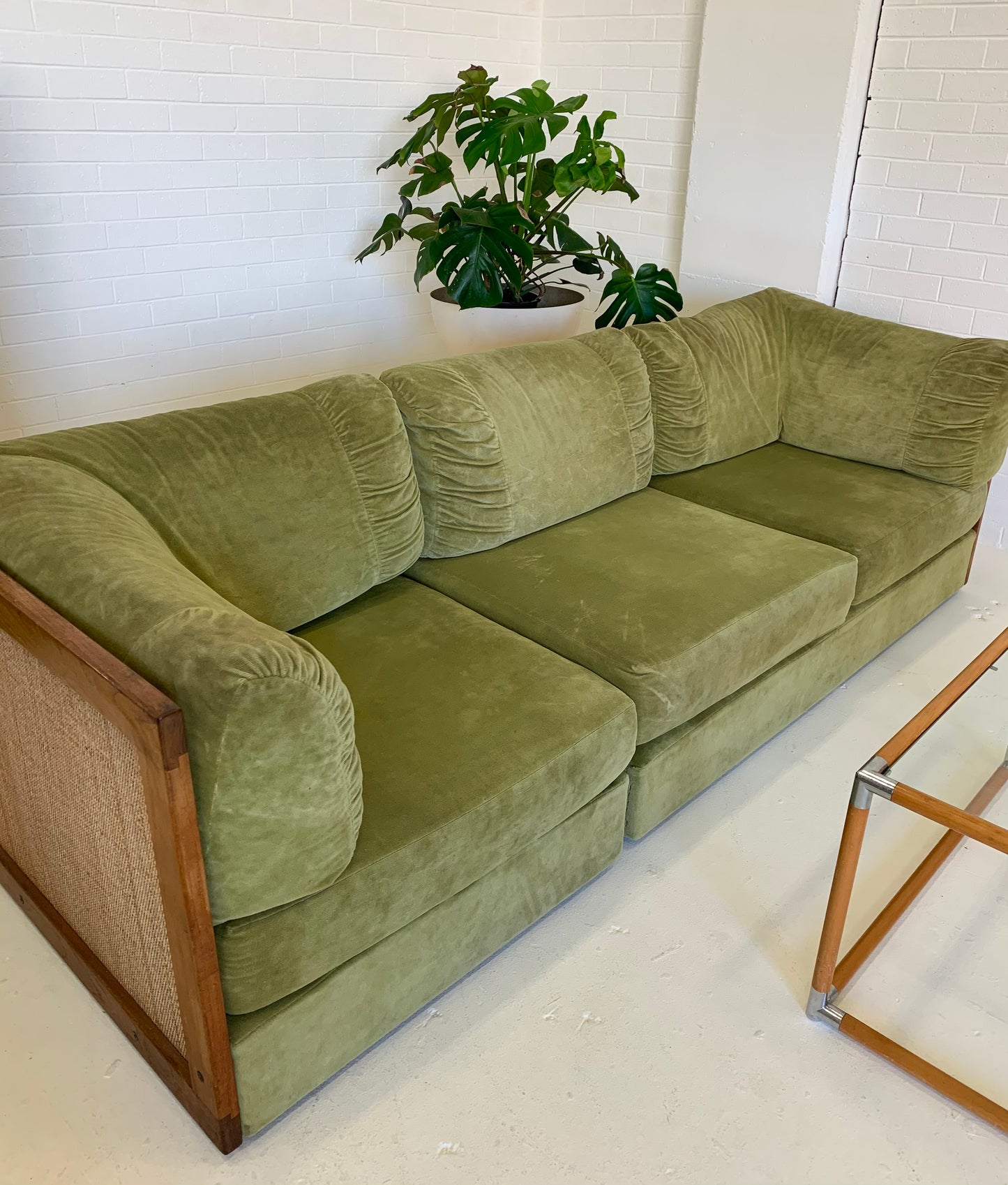 Vintage Parker Rattan and Velvet Modular Sofa