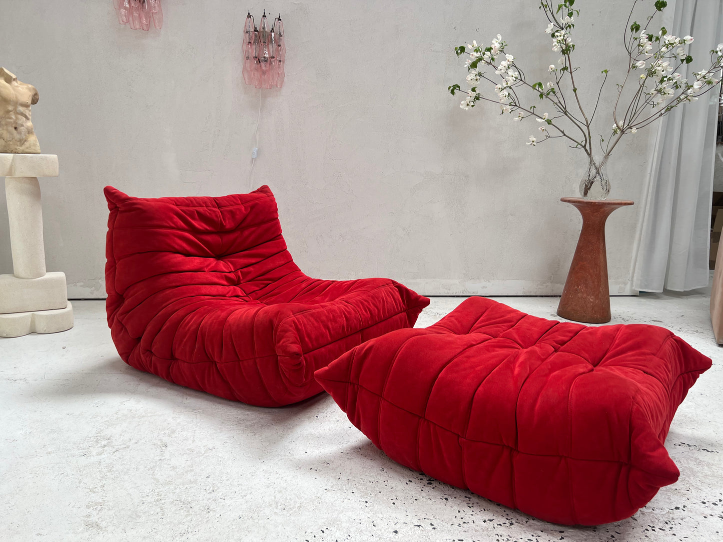 Vintage Ligne Roset Togo Fireside & Ottoman Set - Red Suede
