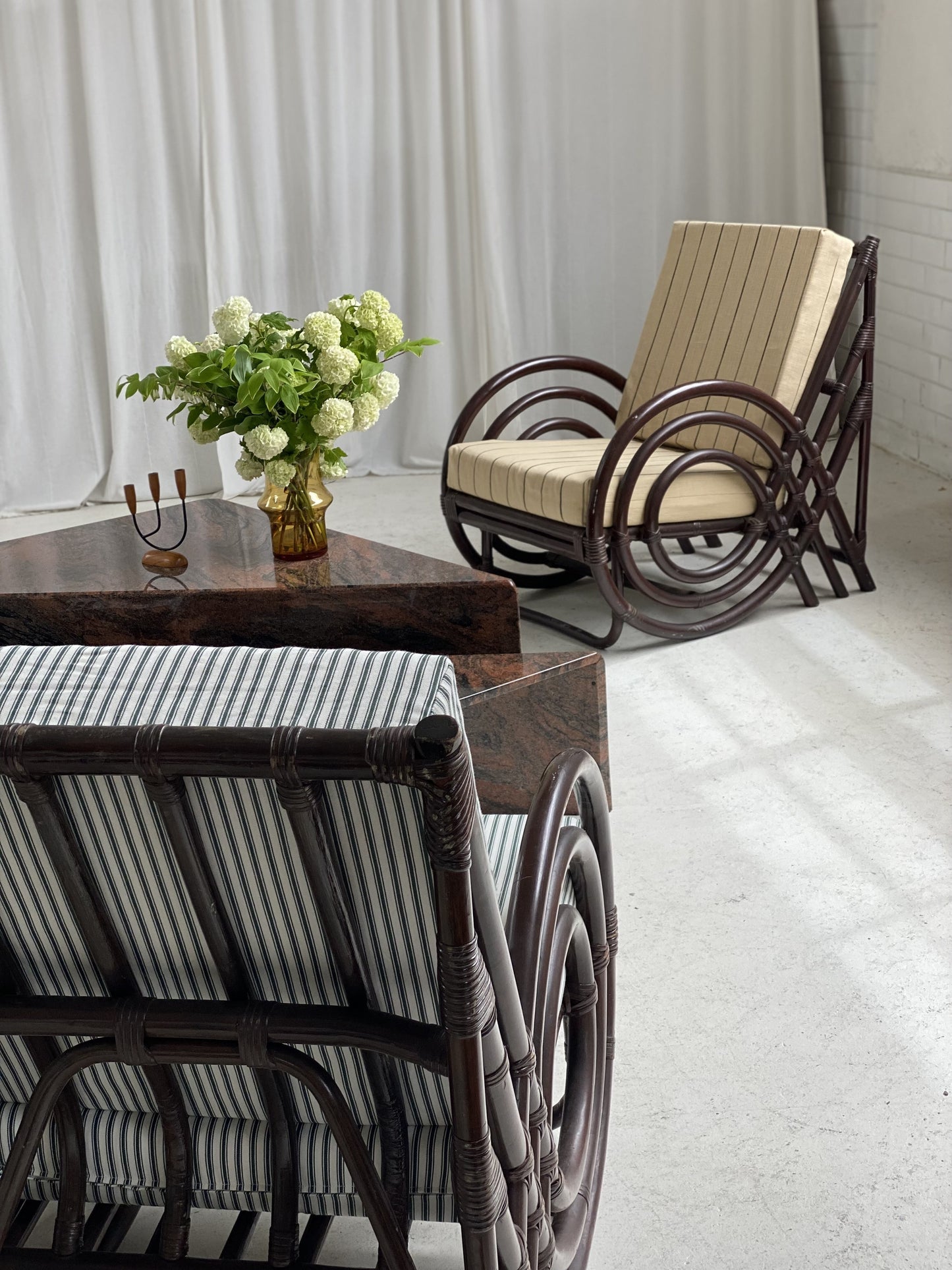 Vintage Dark Bamboo Armchair - Coffee Stripe