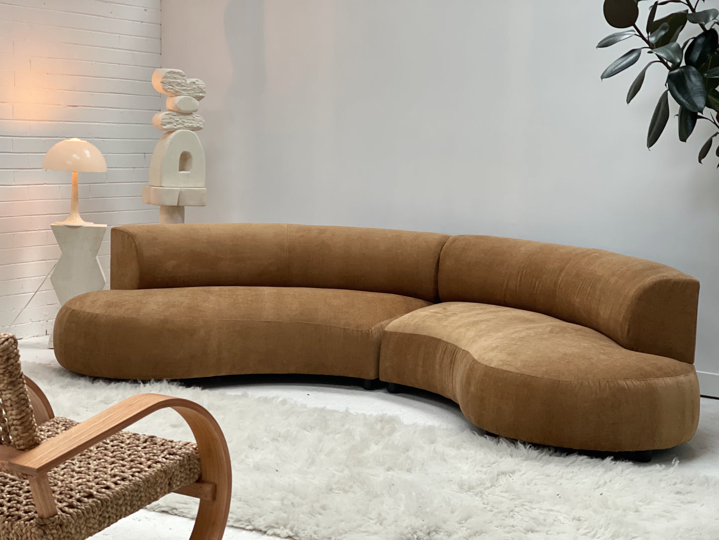 Curved Dark Caramel Chambray Velvet Sofa