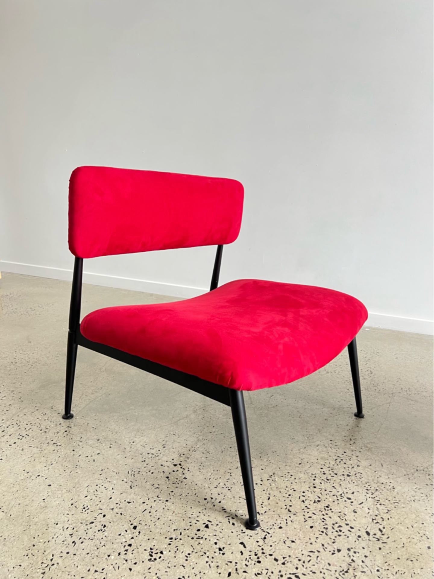 Set of Two Italian Low Chairs in Red Suede and Black Metal Frame, 1970s