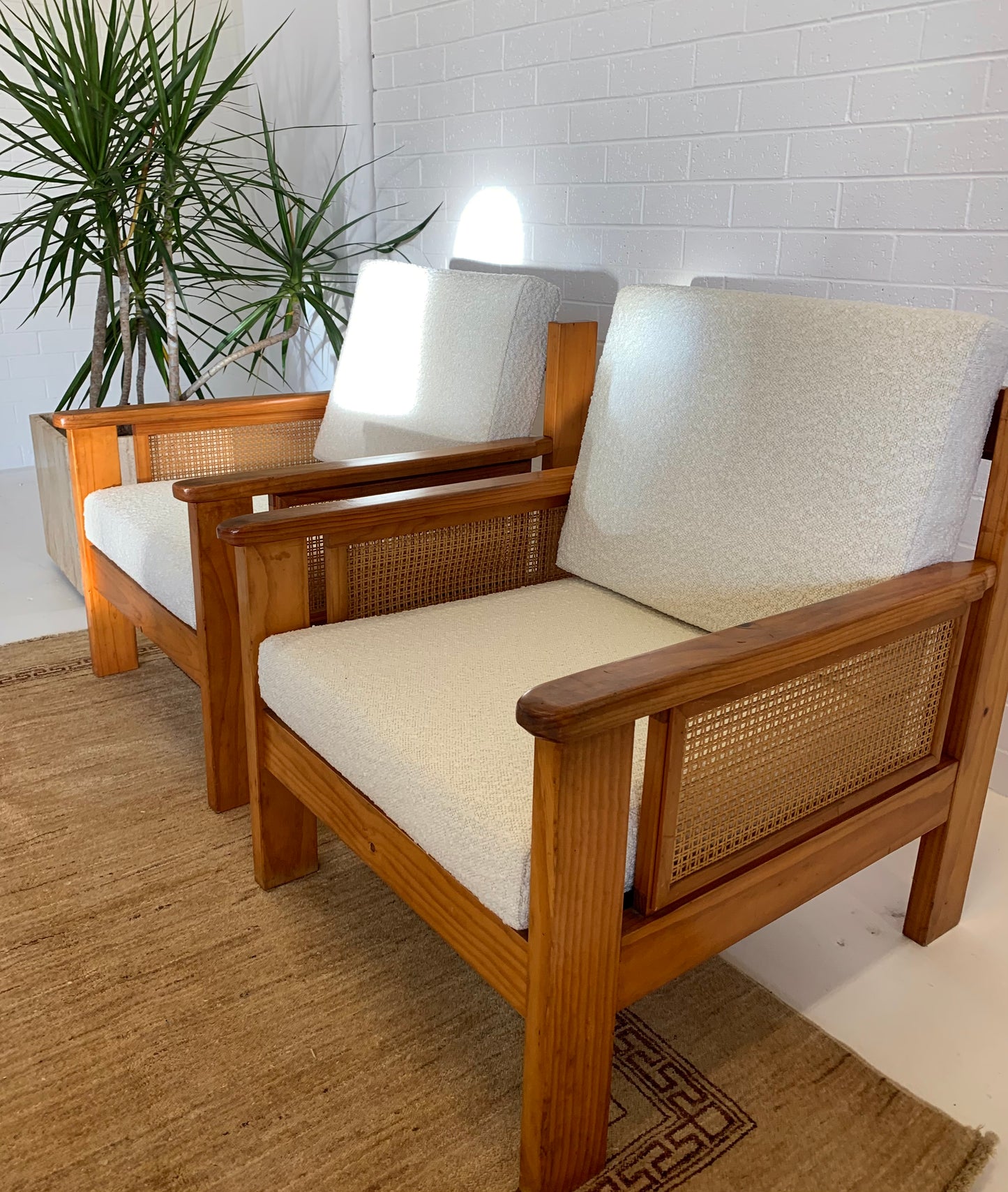 Pine and Rattan Boucle Armchair - Two Available