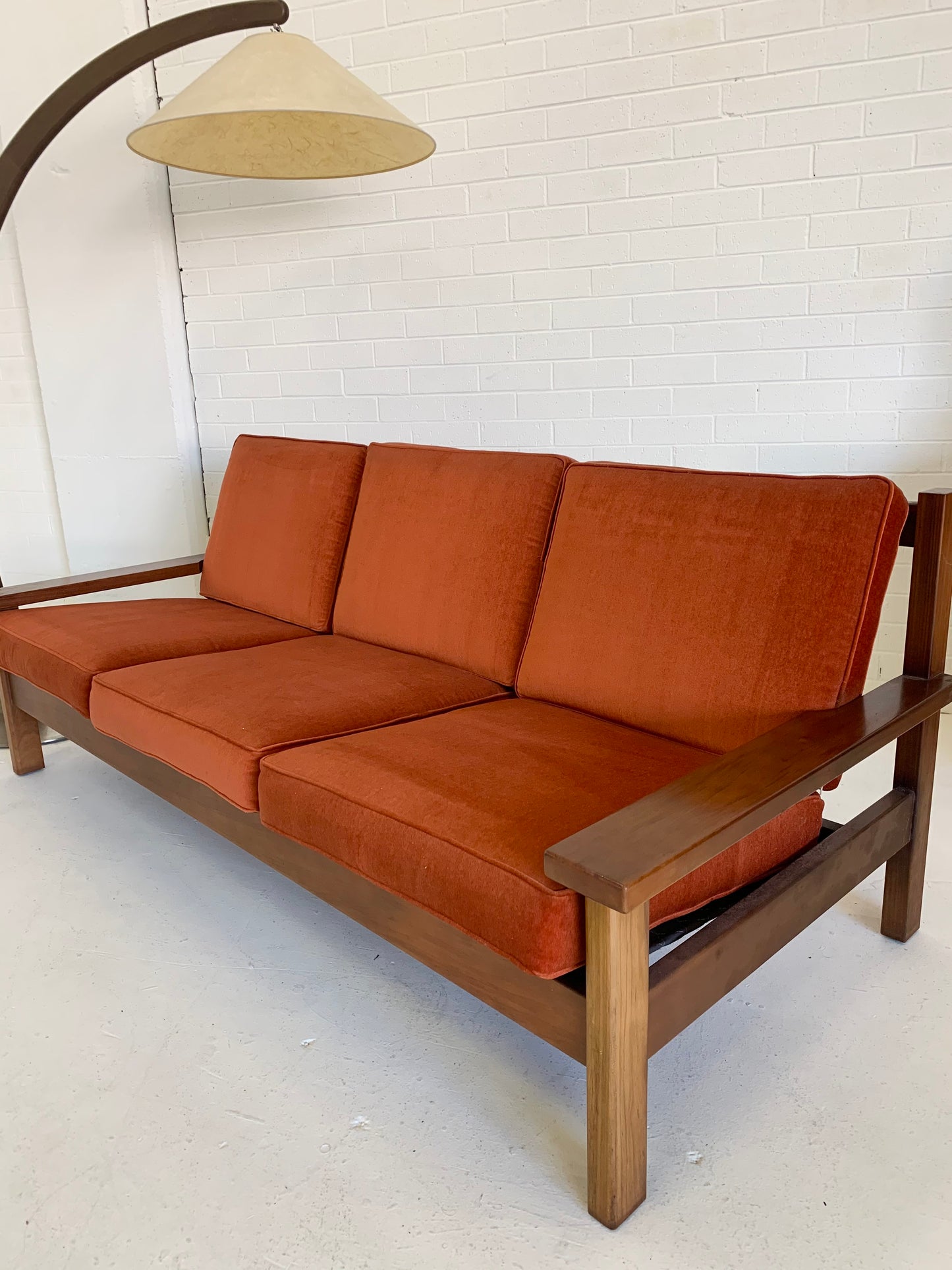 Mid Century Rust Velvet Plank Sofa
