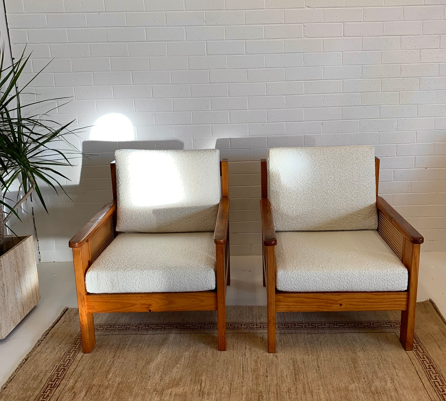 Pine and Rattan Boucle Armchair - Two Available
