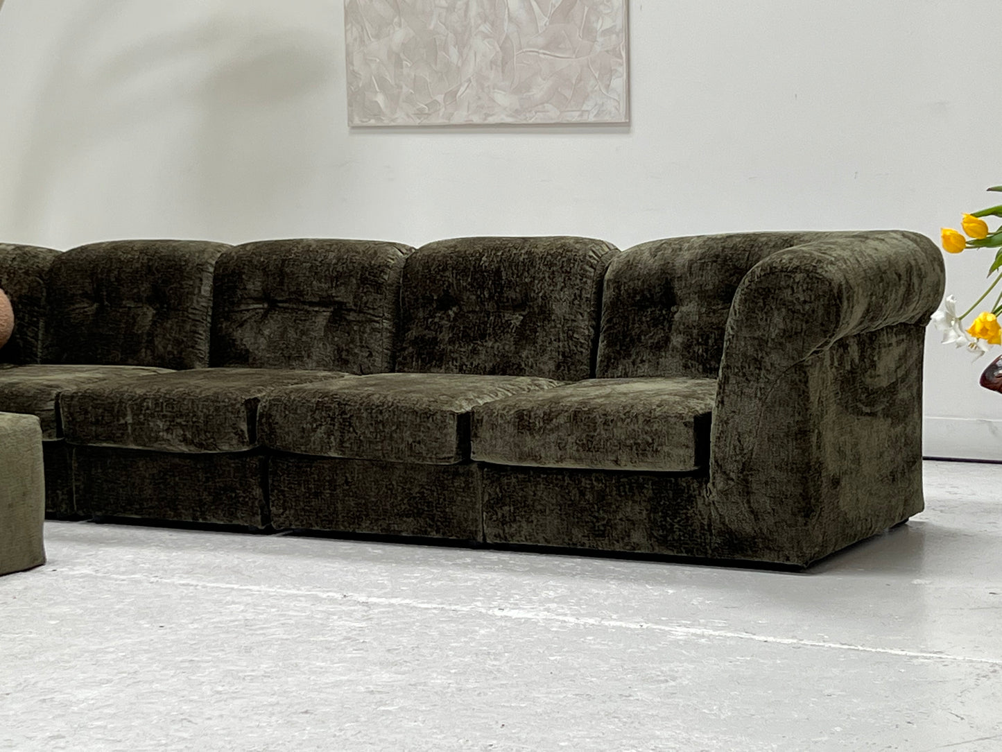 - Bespoke VandeRoza Green Chenille Modular Sofa - Seven Piece Set