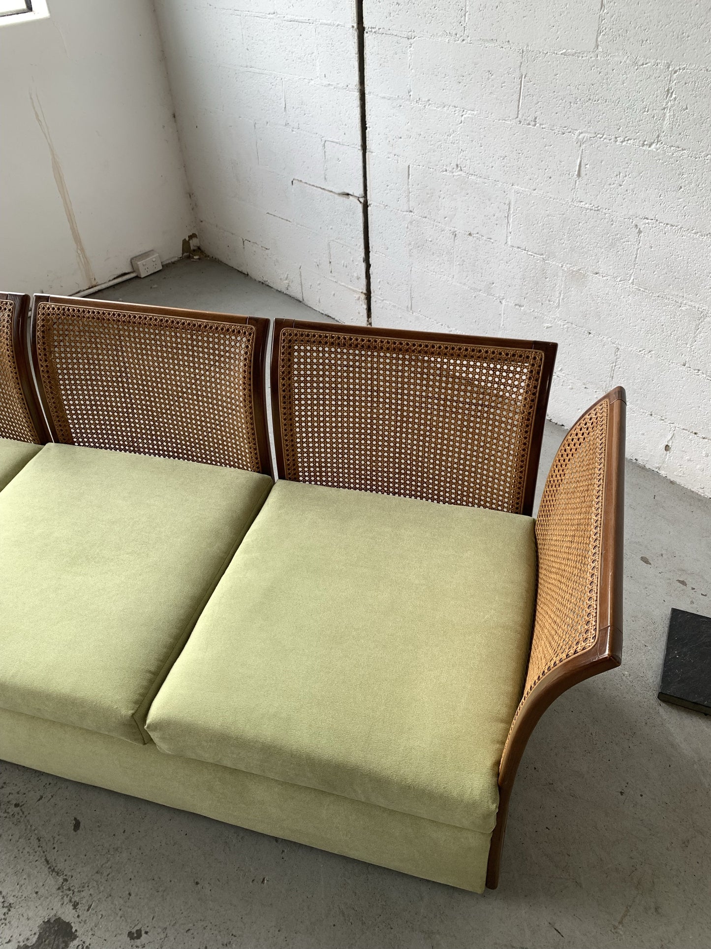 Refurbished Velvet & Rattan Sofa, Circa 1960-70
