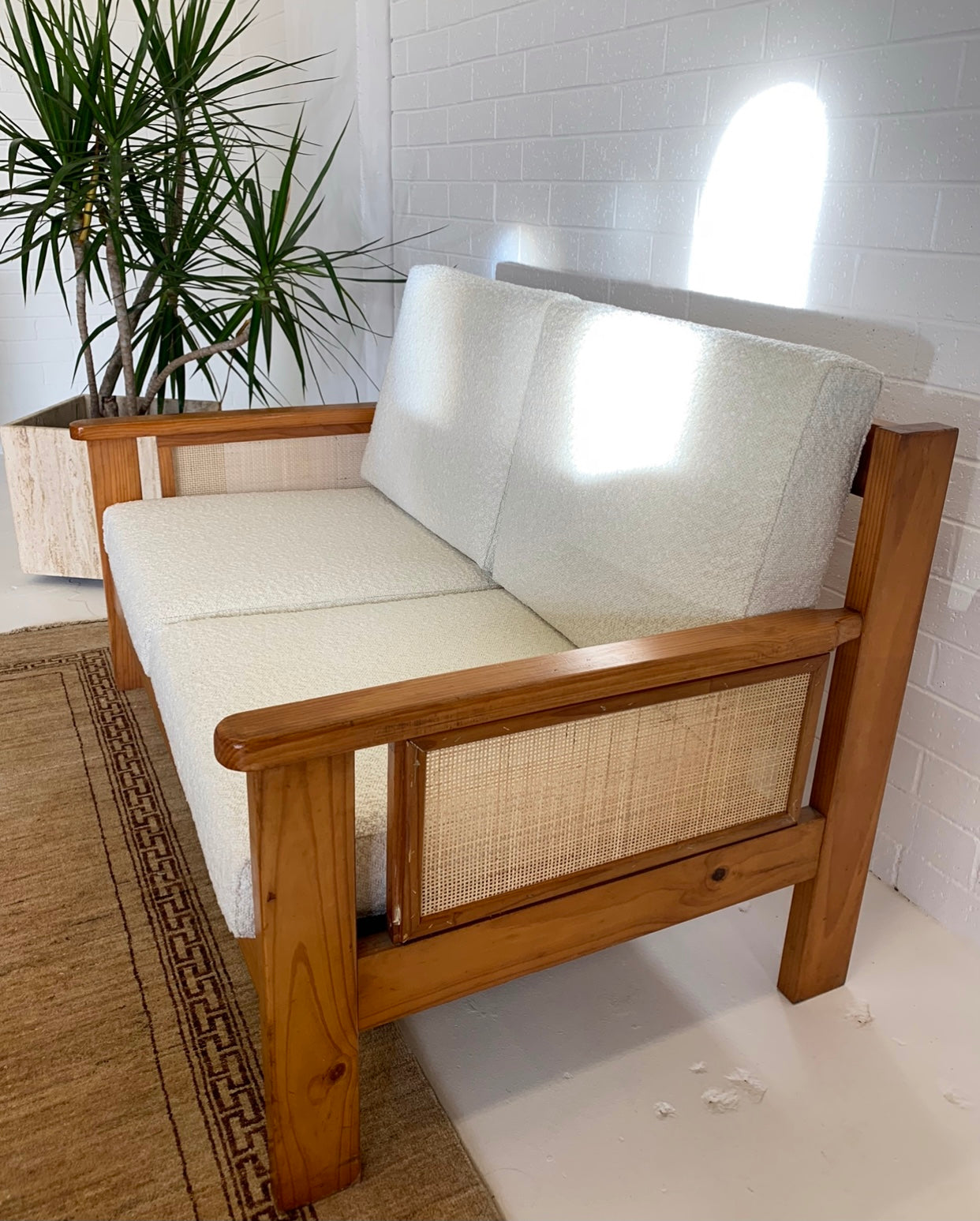 Pine and Rattan Boucle Two Seater Sofa