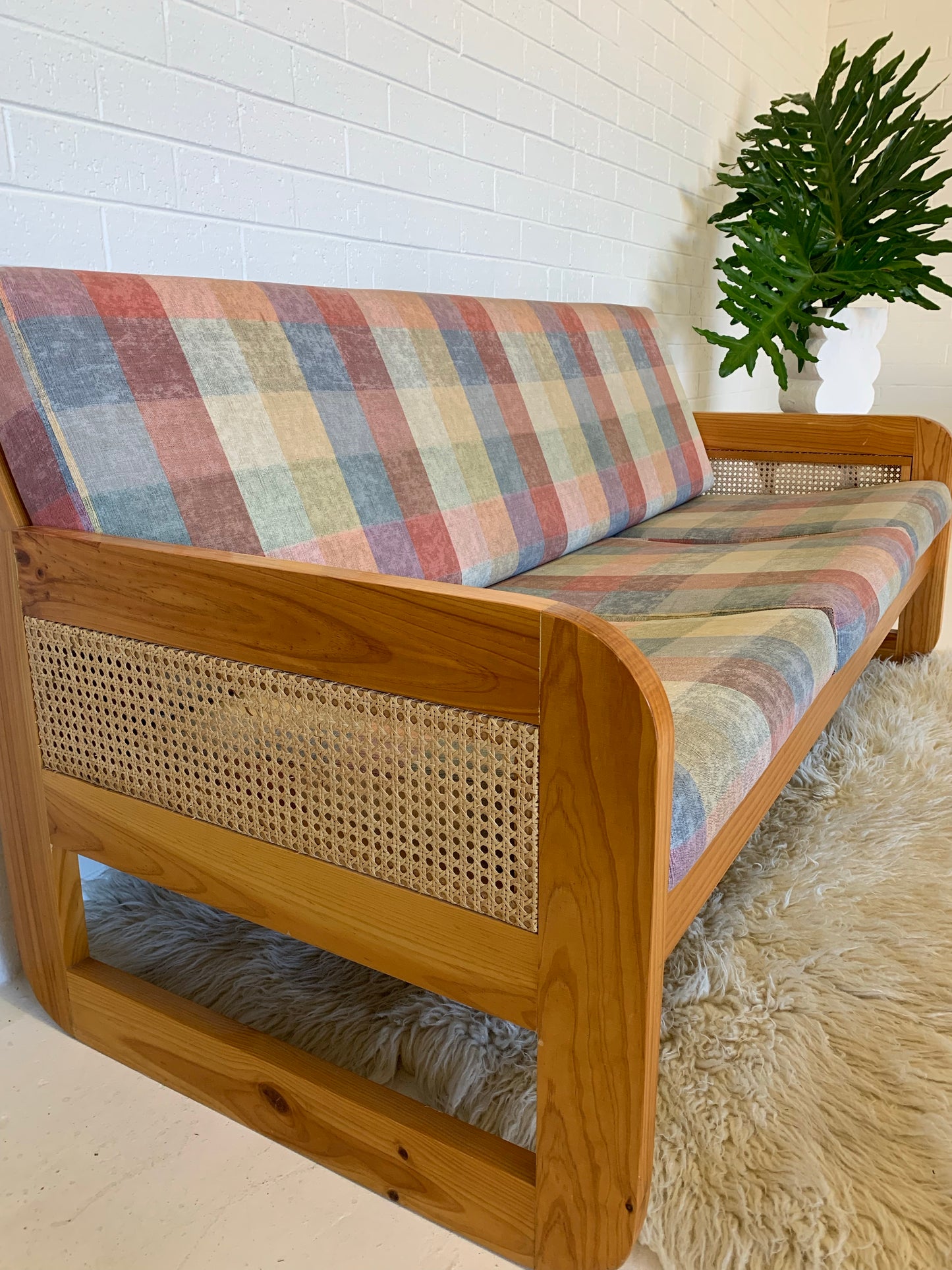 Vintage Pine and Rattan Sofa