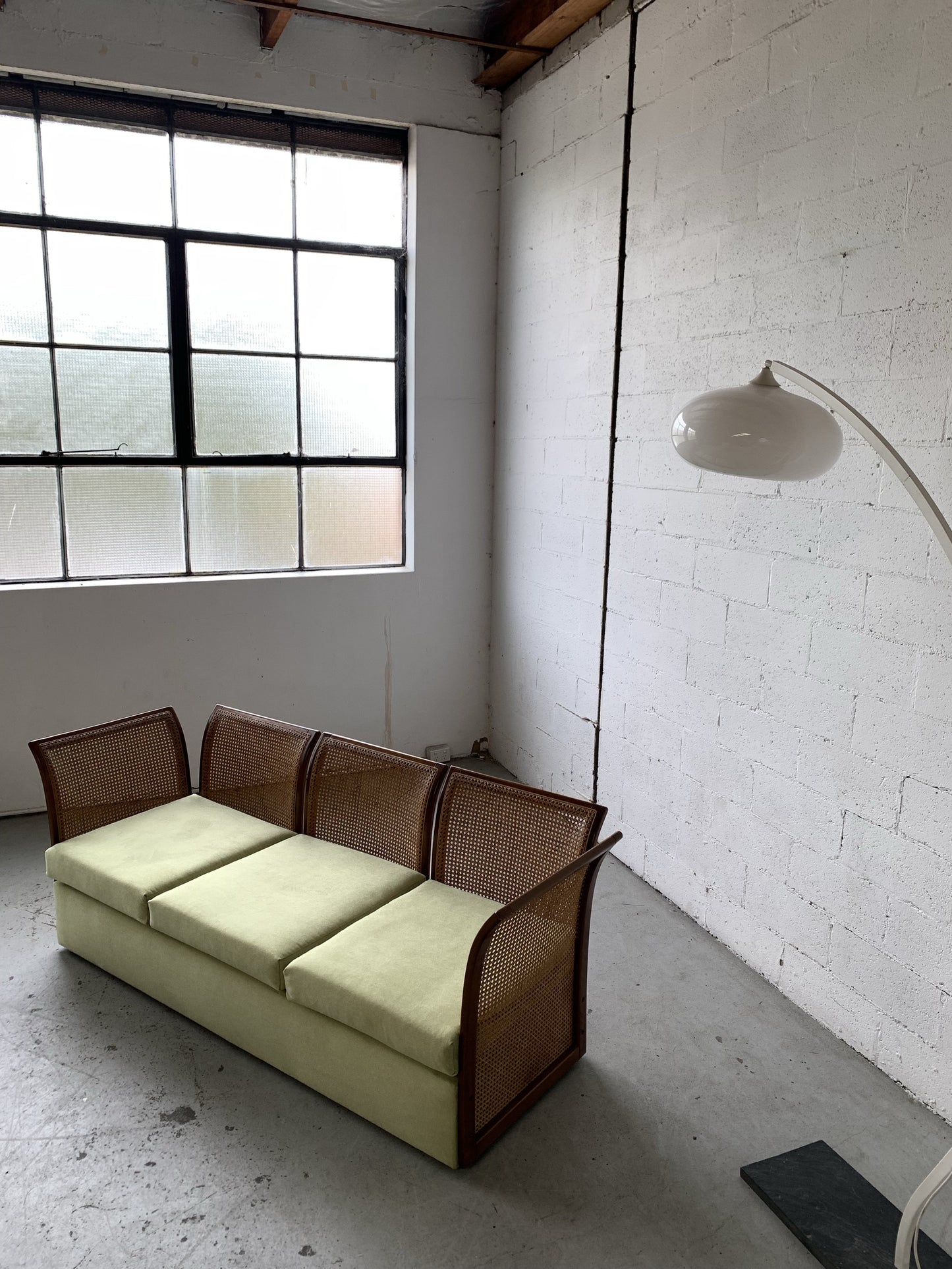 Refurbished Velvet & Rattan Sofa, Circa 1960-70