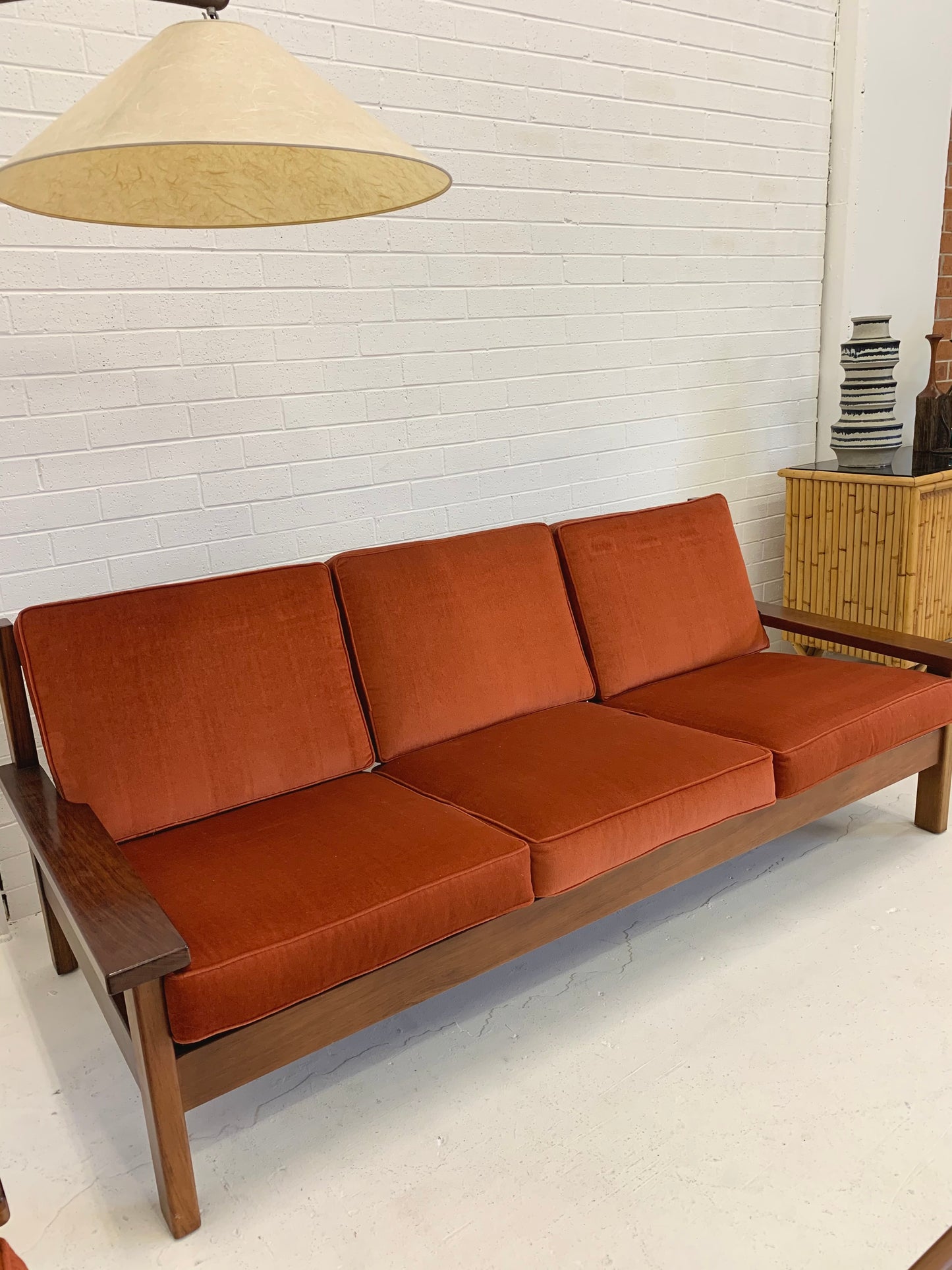 Mid Century Rust Velvet Plank Sofa