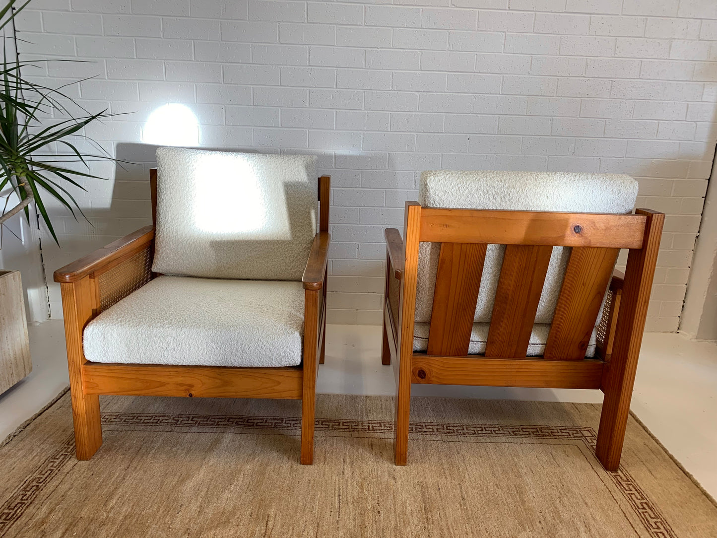 Pine and Rattan Boucle Armchair - Two Available