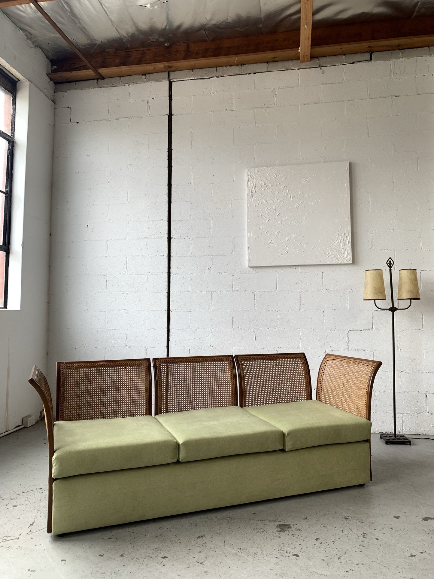 Refurbished Velvet & Rattan Sofa, Circa 1960-70