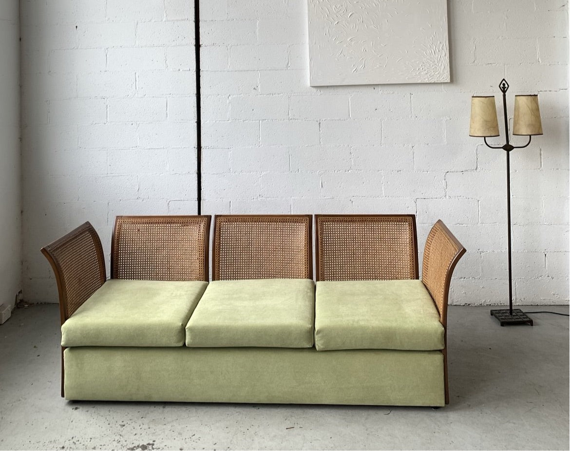 Refurbished Velvet & Rattan Sofa, Circa 1960-70