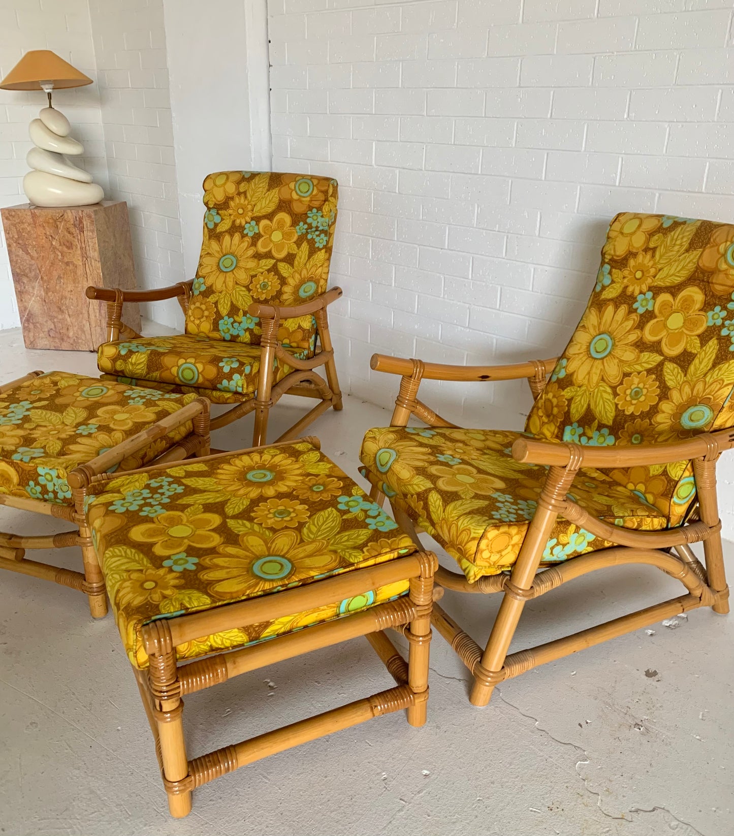 Bamboo Reclining Armchair and Foot Stool - Two Available