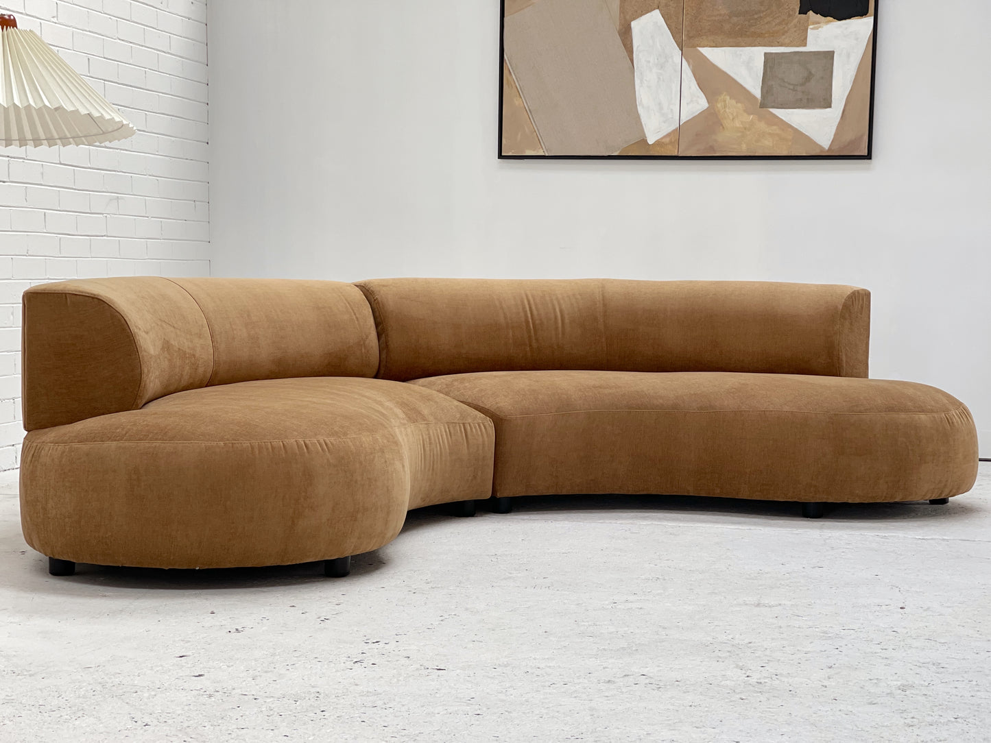Curved Dark Caramel Chambray Velvet Sofa