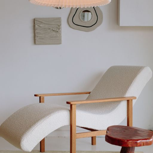 Sculptural Boucle & Wooden Chaise Lounge Chair