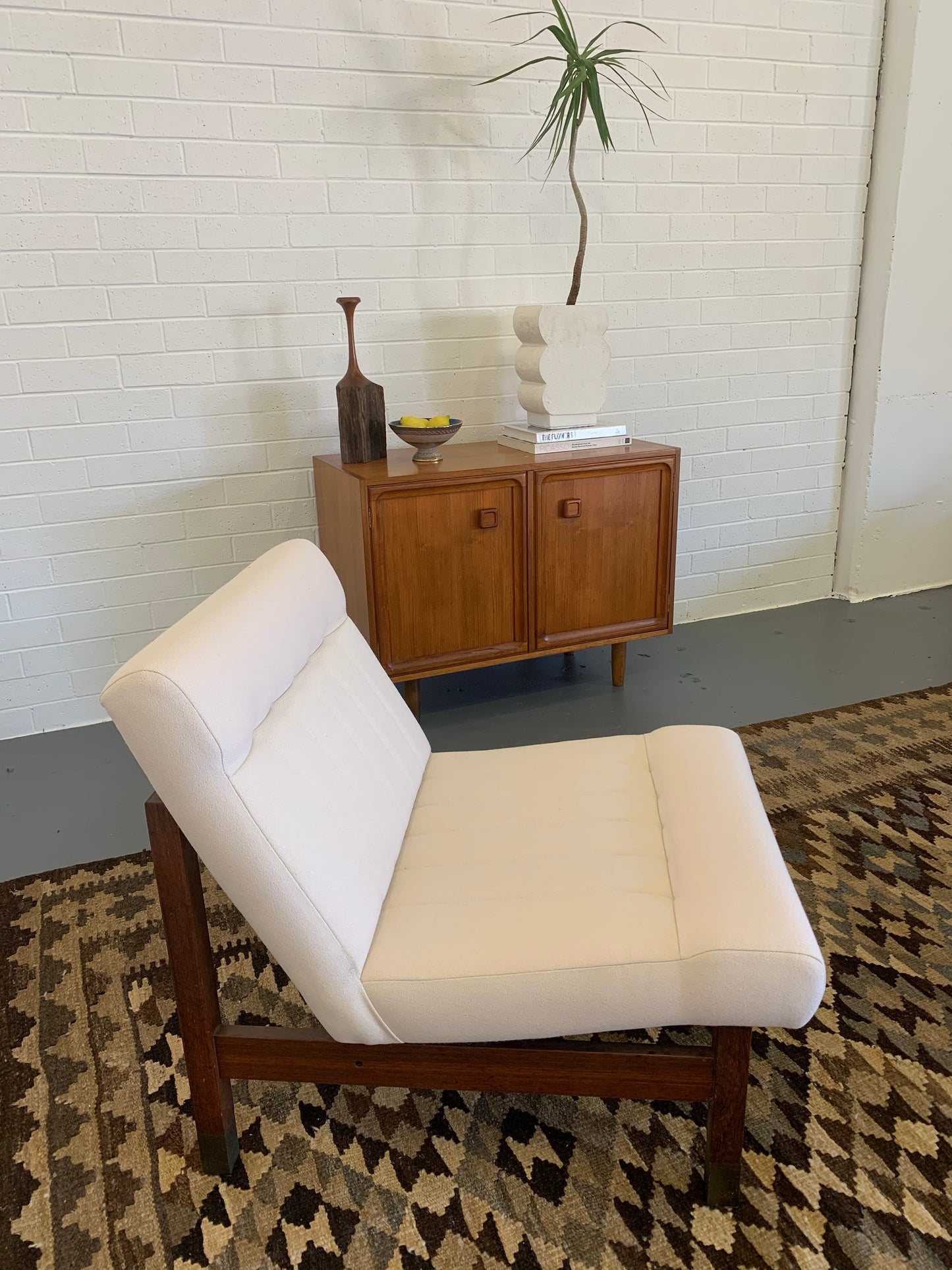 Mid Century European Armchair Reupholsteted in Cream Boucle