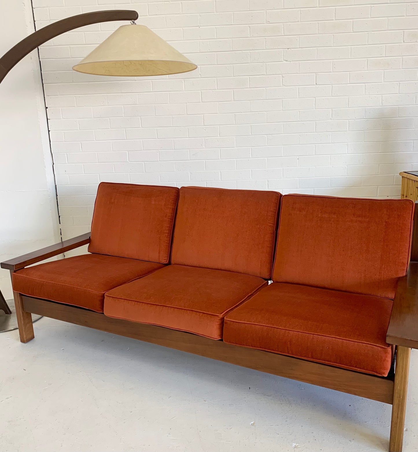 Mid Century Rust Velvet Plank Sofa