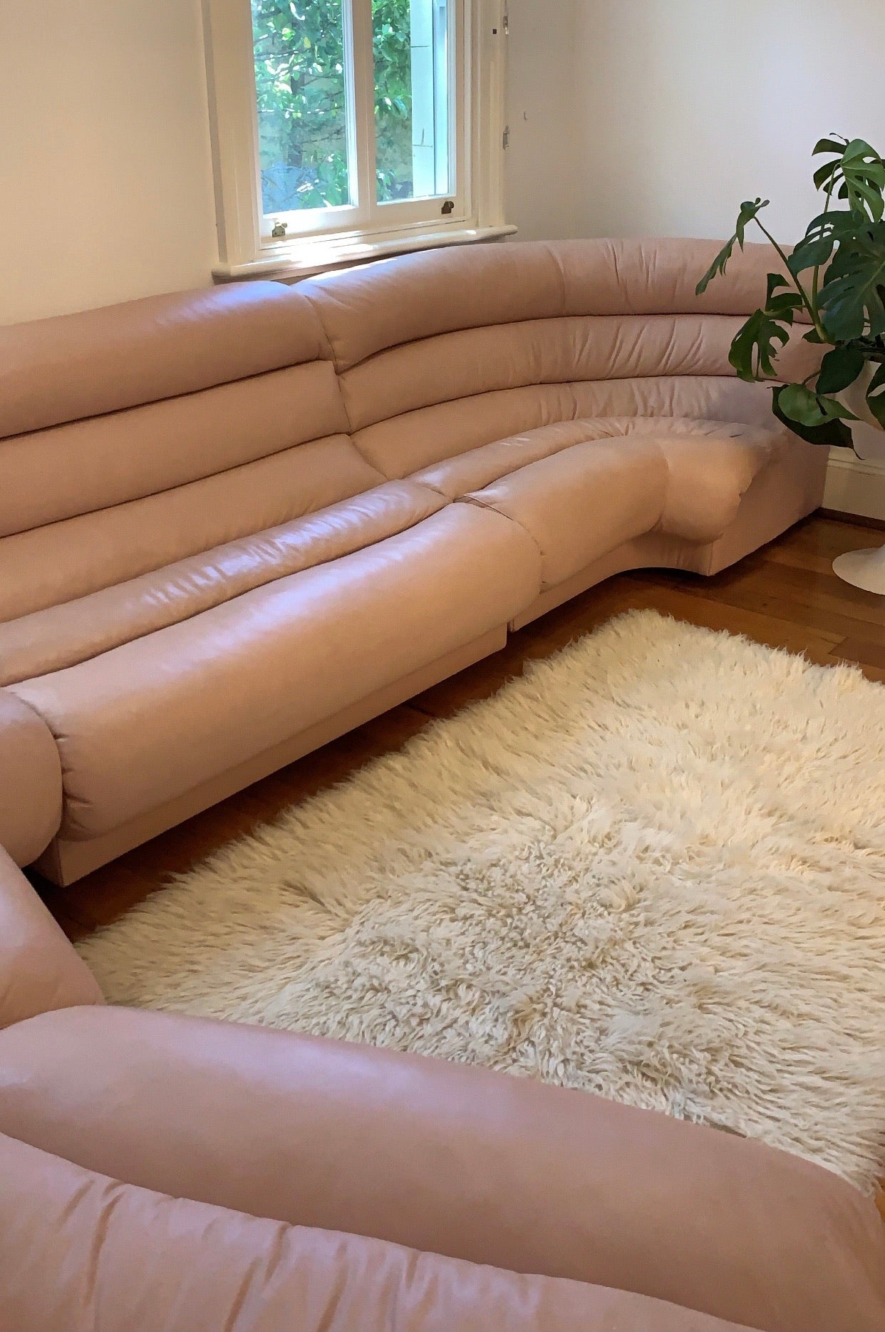 Vintage Modular Curved Blush Pink Leather Sofa
