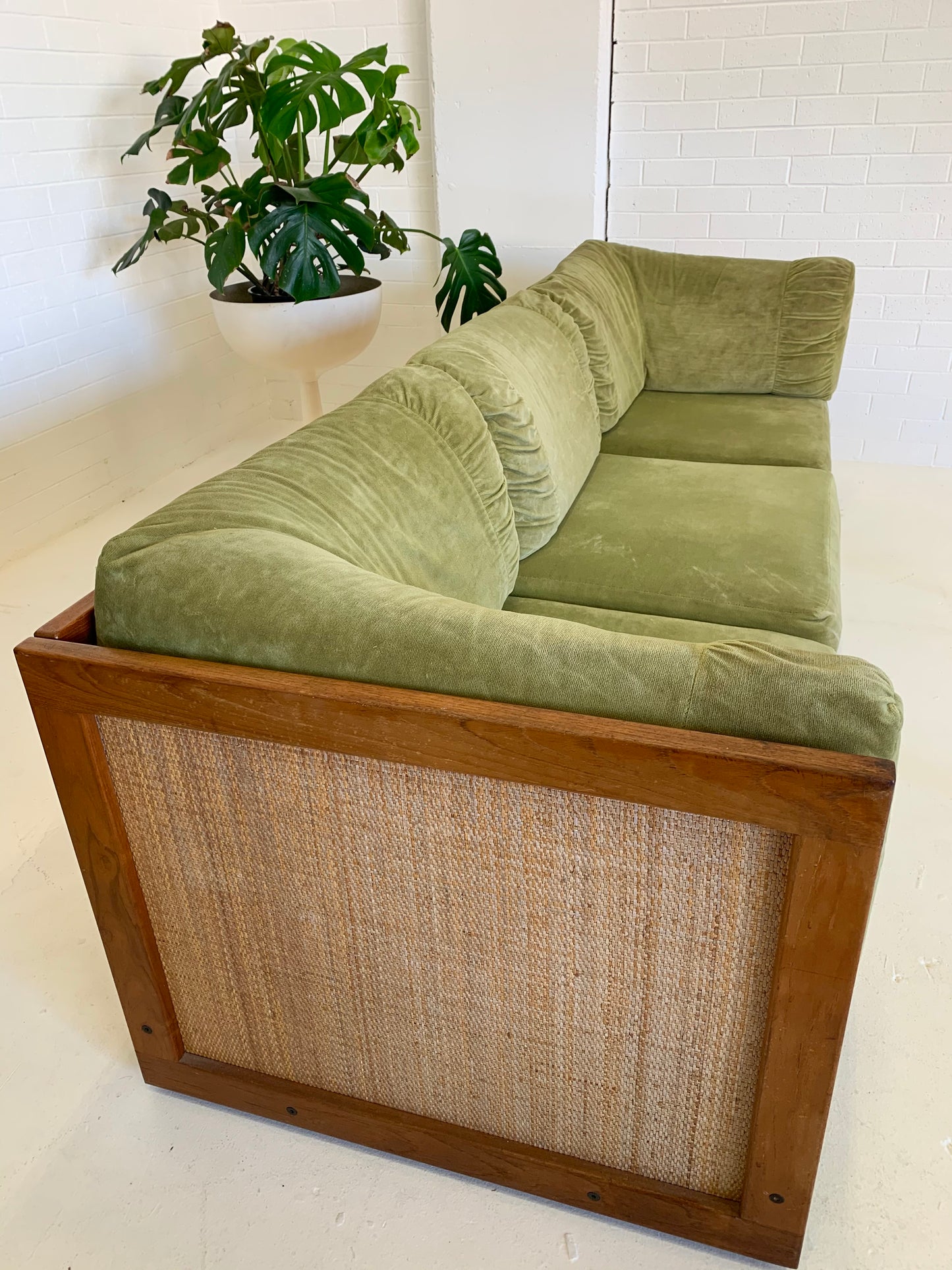 Vintage Parker Rattan and Velvet Modular Sofa
