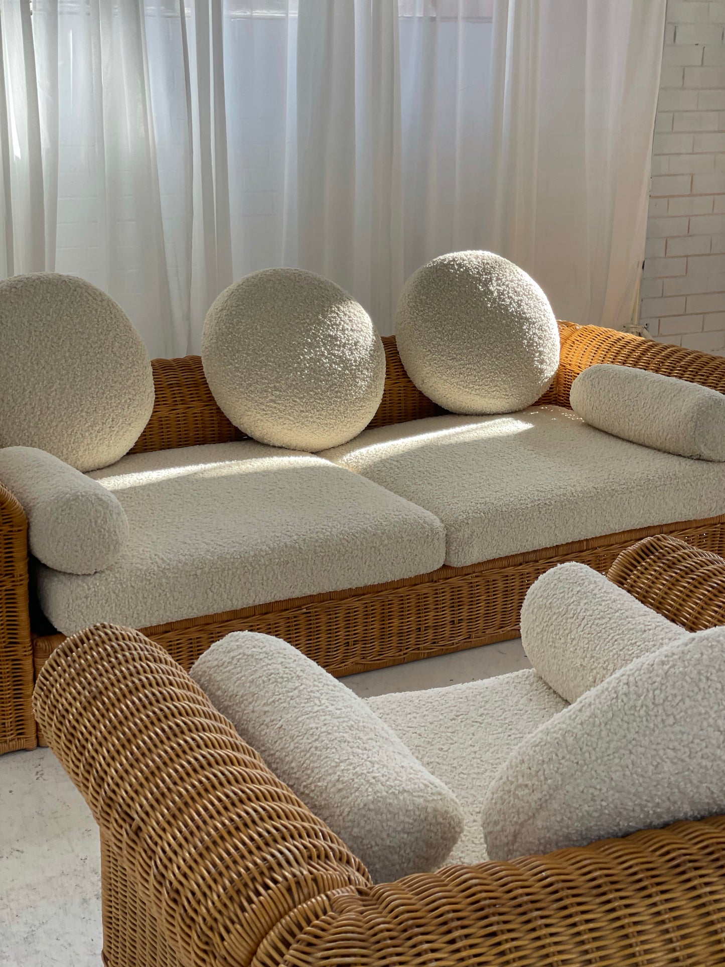 Vintage Cane and Boucle Lounge / Day Bed