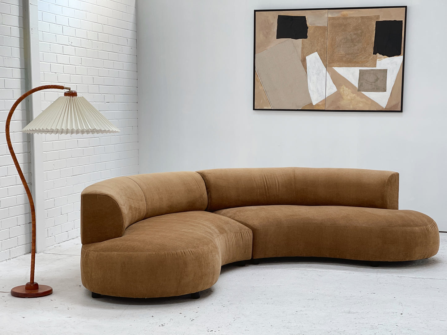 Curved Dark Caramel Chambray Velvet Sofa