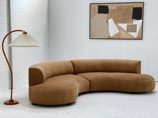 Curved Dark Caramel Chambray Velvet Sofa