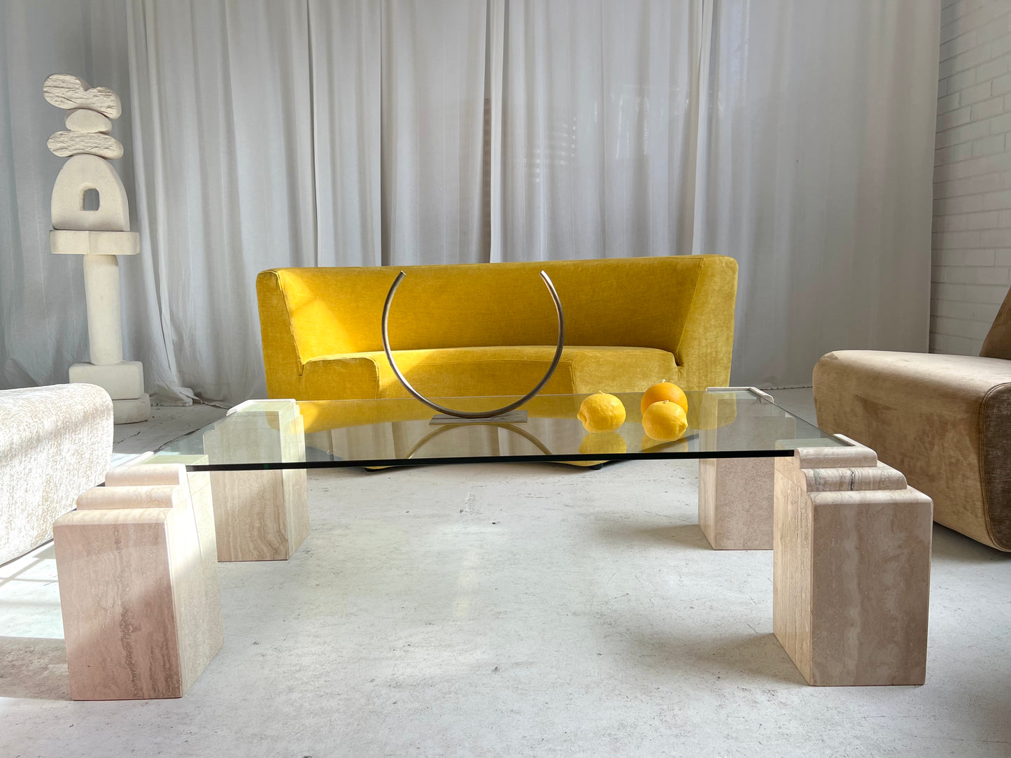 Vintage Glass & Travertine Coffee Table