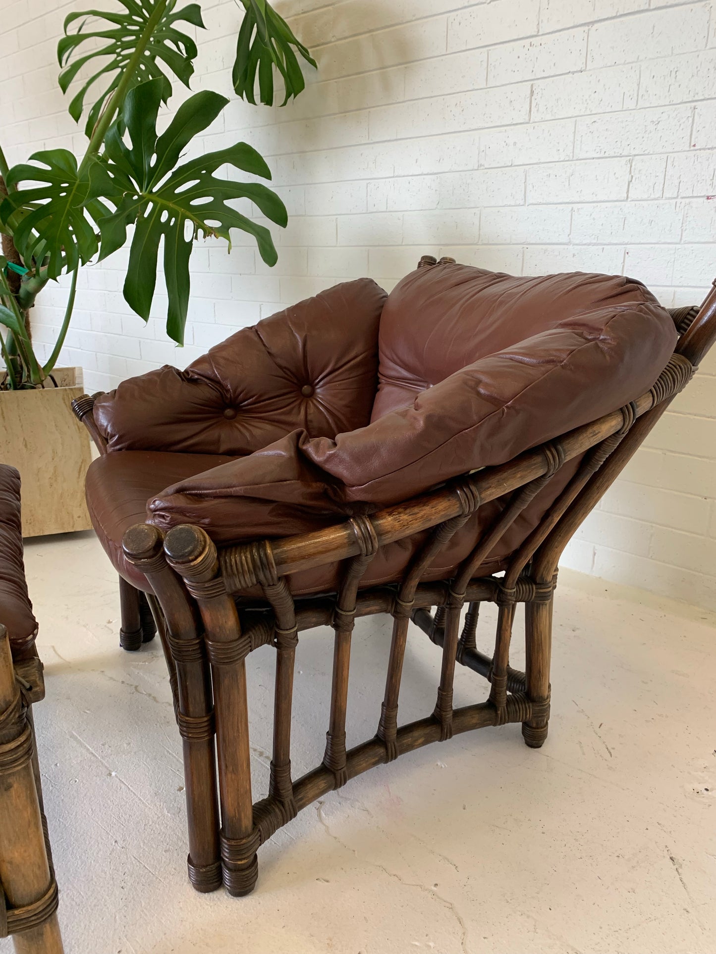 Vintage Cane and Leather Armchair + Ottoman