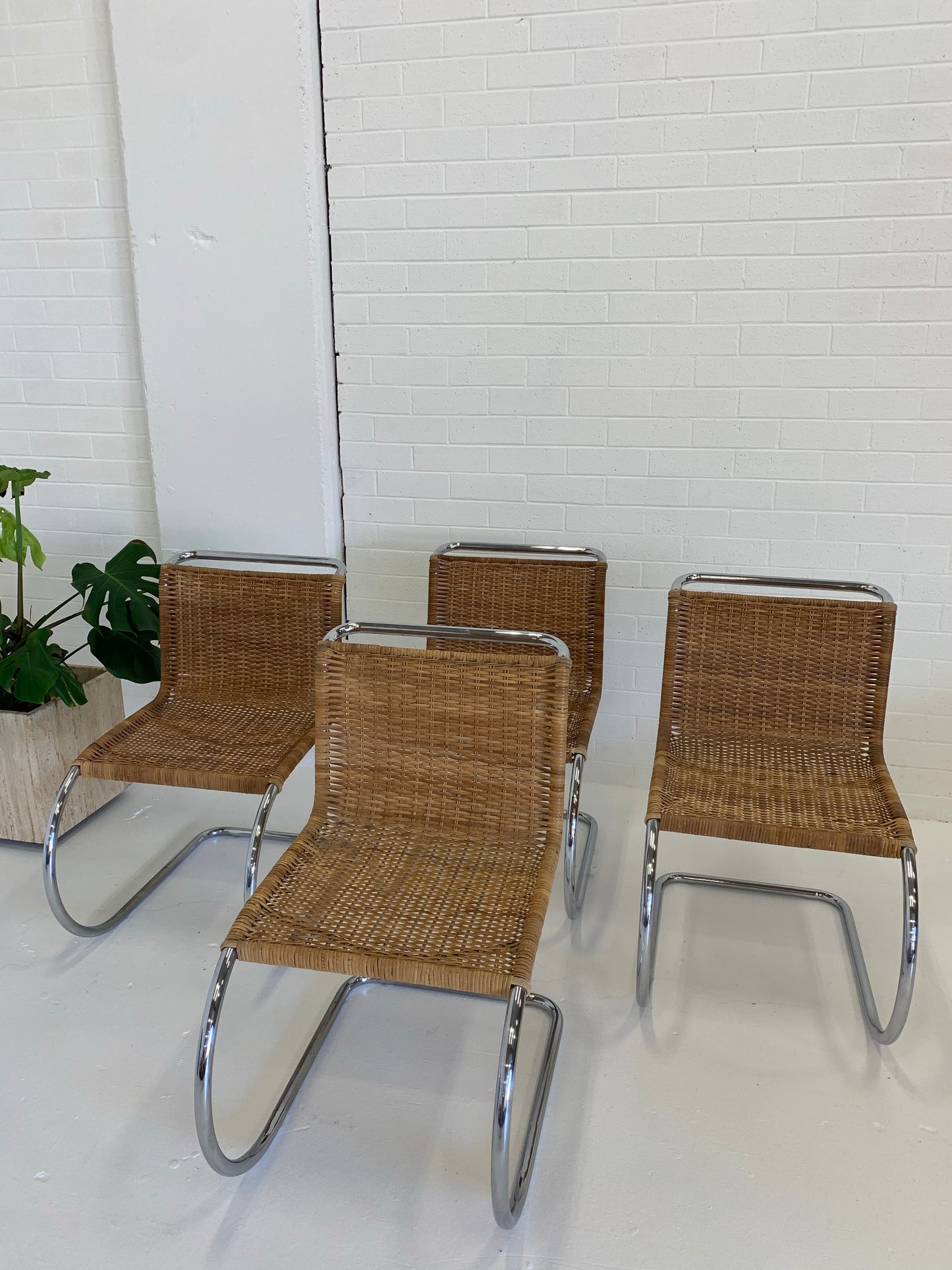 Vintage Cantilever Wicker and Chrome Dining Chairs