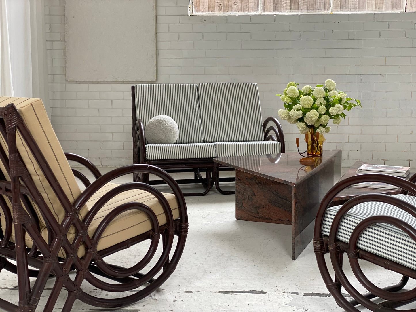 Vintage Dark Bamboo Armchair - Coffee Stripe