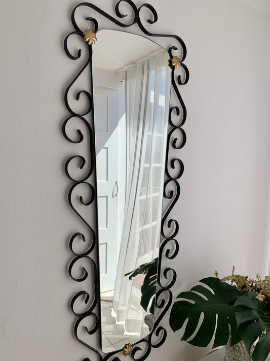 French Curved Iron and Brass Mirror