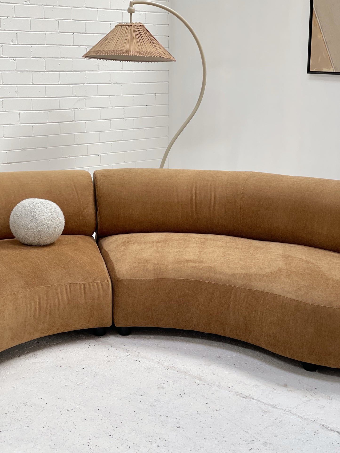Curved Dark Caramel Chambray Velvet Sofa