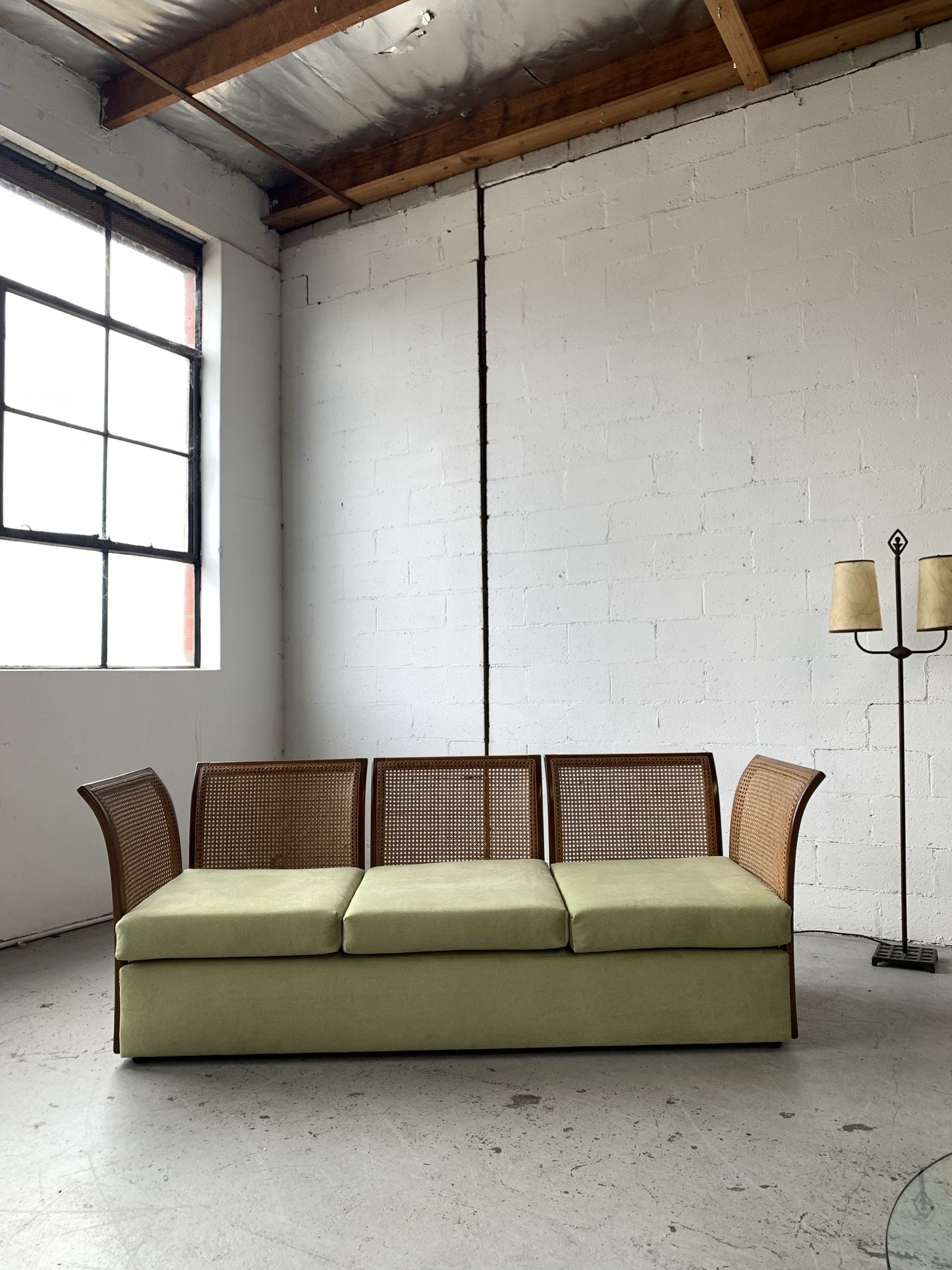 Refurbished Velvet & Rattan Sofa, Circa 1960-70