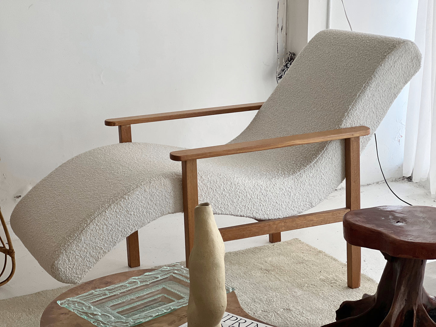 Sculptural Boucle & Wooden Chaise Lounge Chair