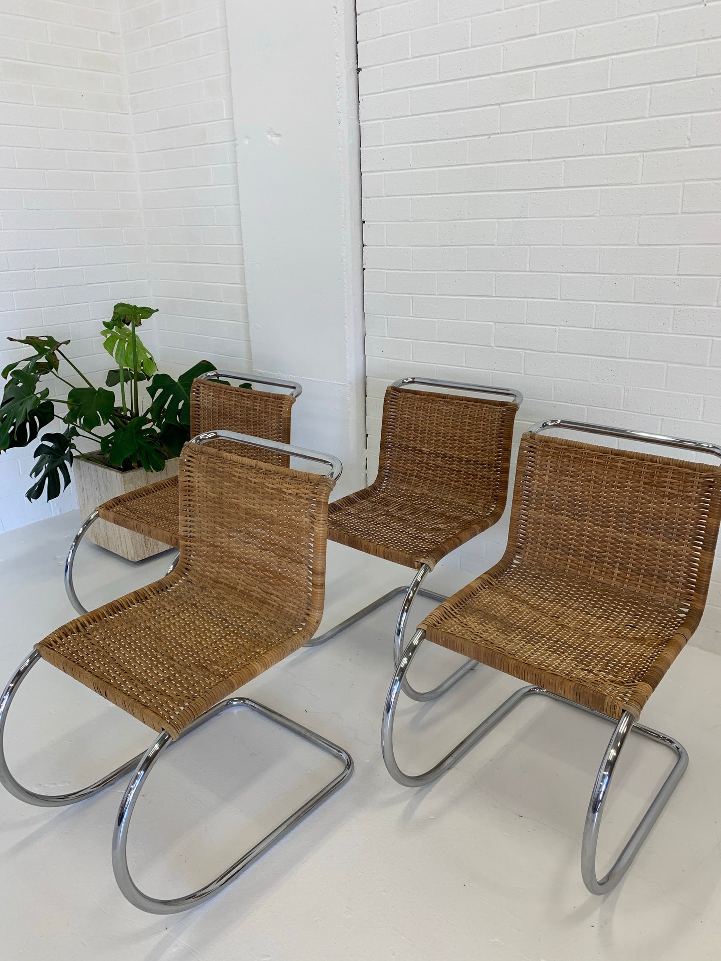 Vintage Cantilever Wicker and Chrome Dining Chairs