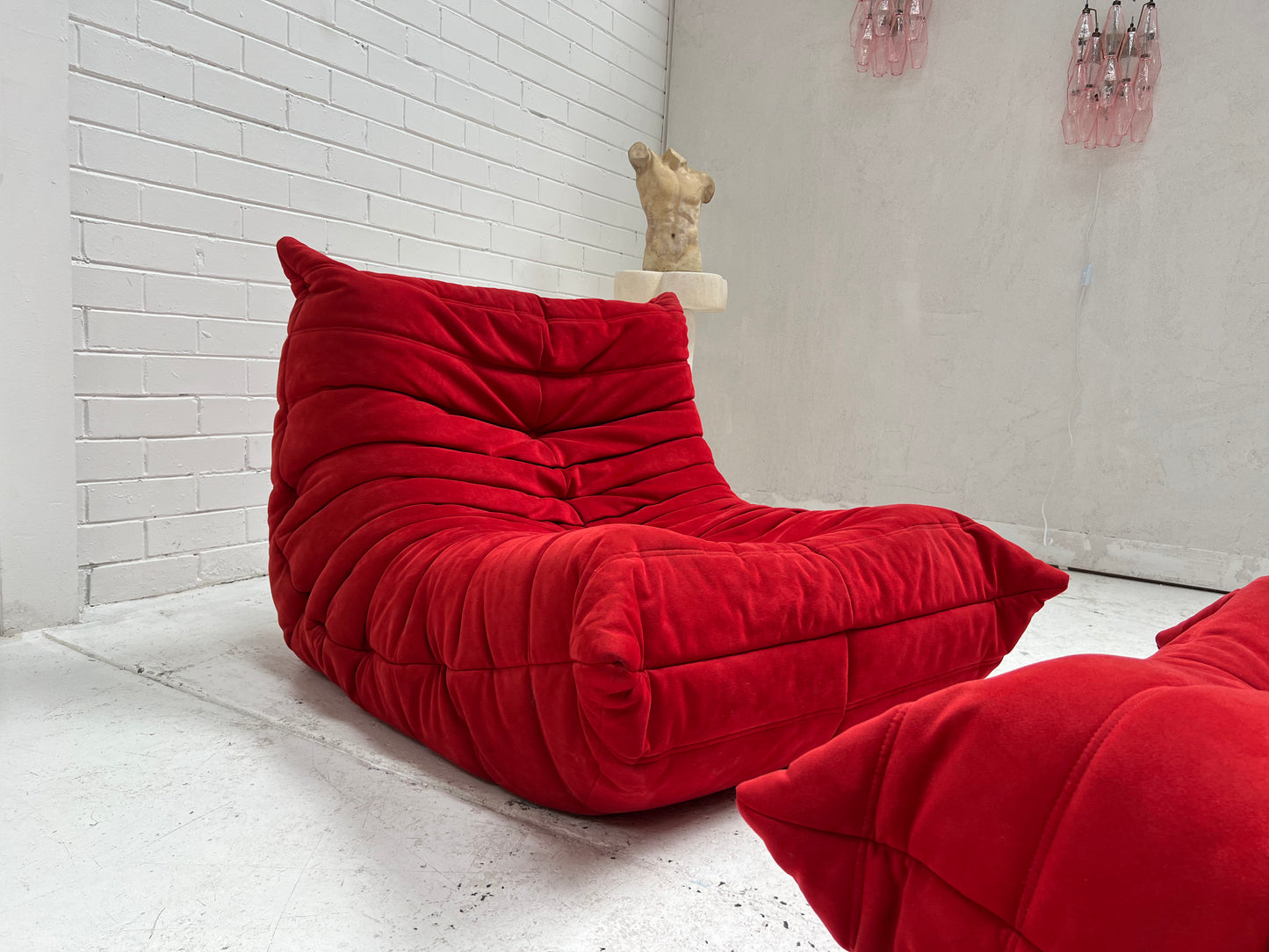 Vintage Ligne Roset Togo Fireside & Ottoman Set - Red Suede