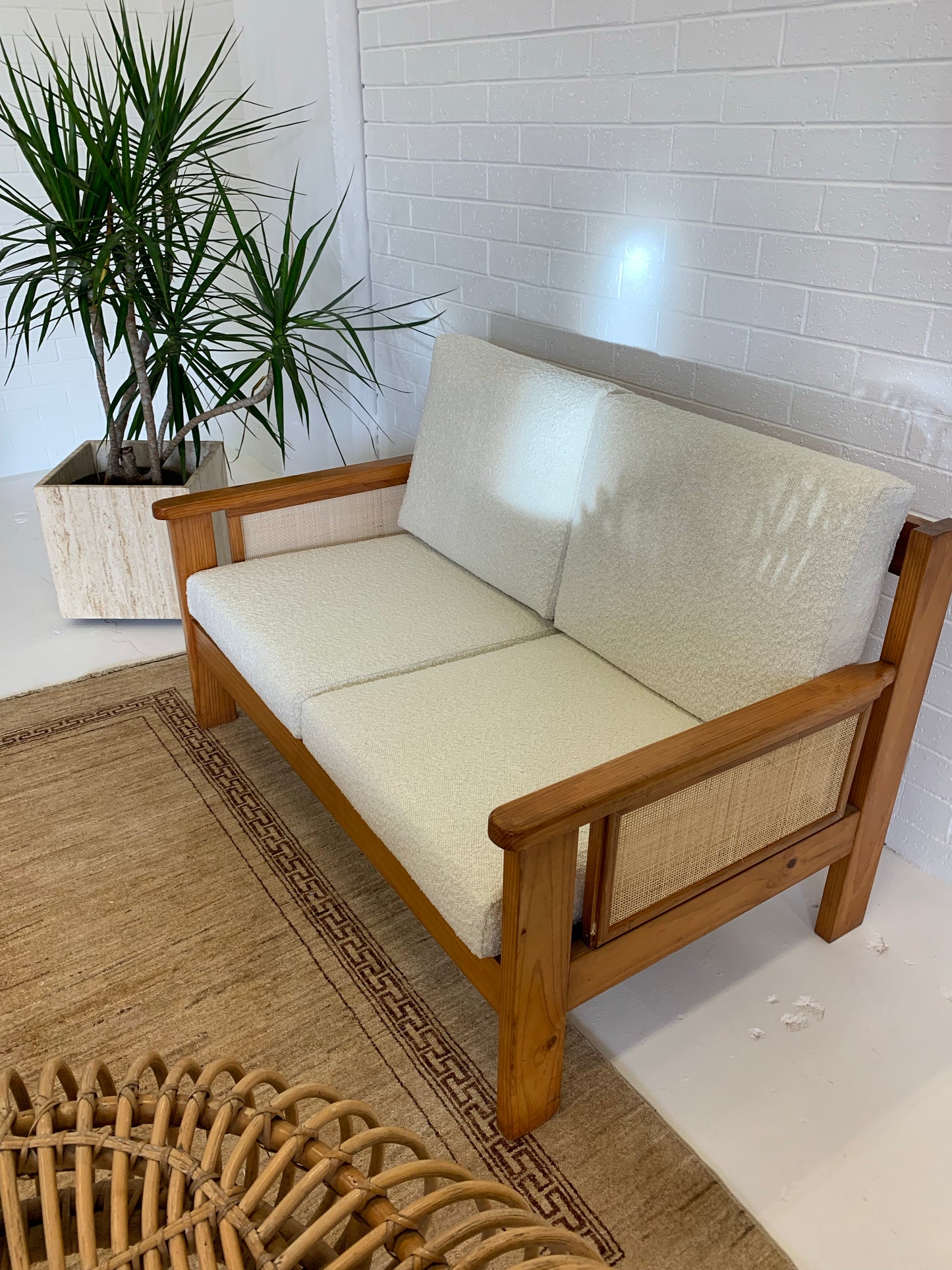 Pine and Rattan Boucle Two Seater Sofa