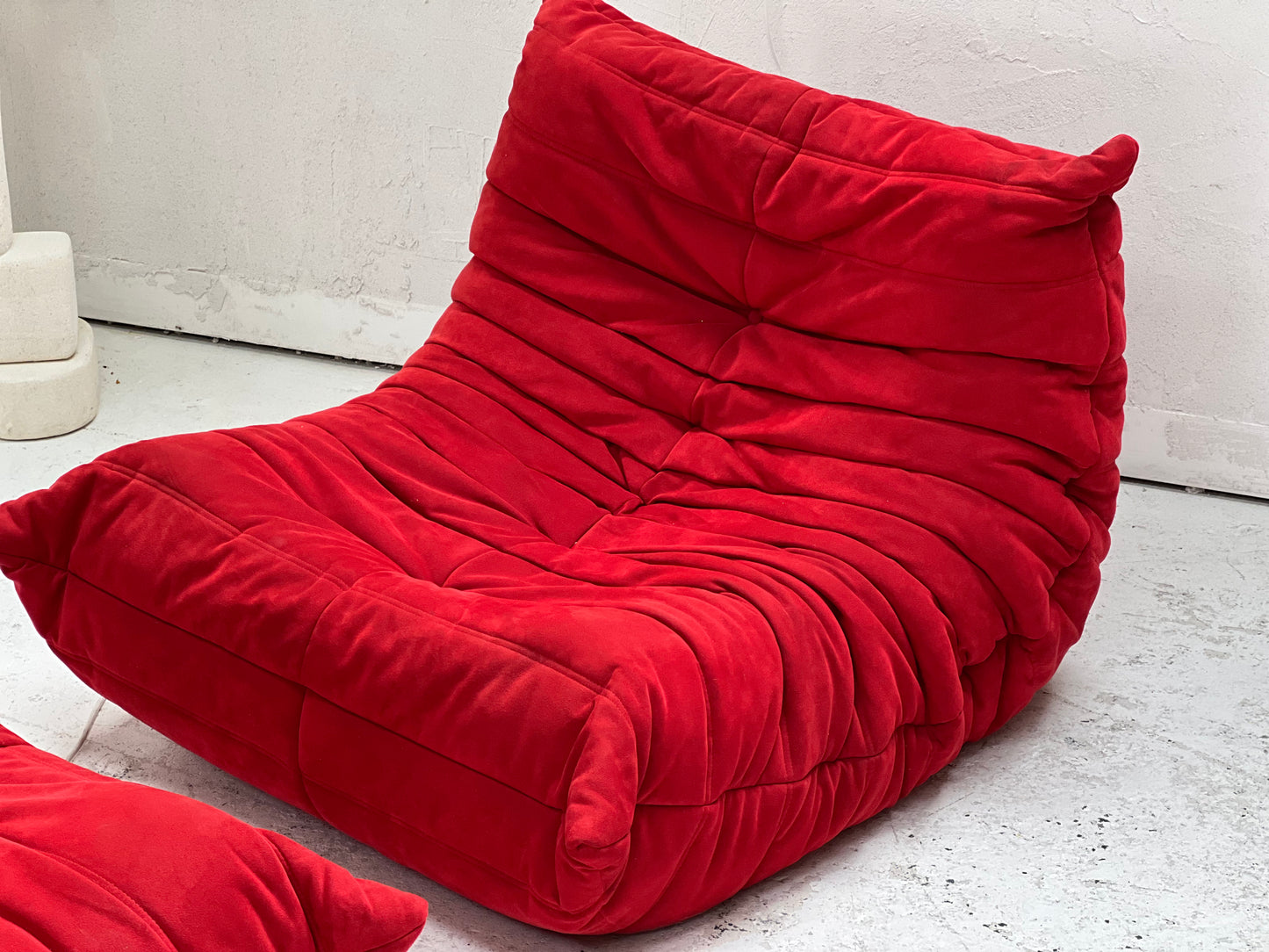 Vintage Ligne Roset Togo Fireside & Ottoman Set - Red Suede