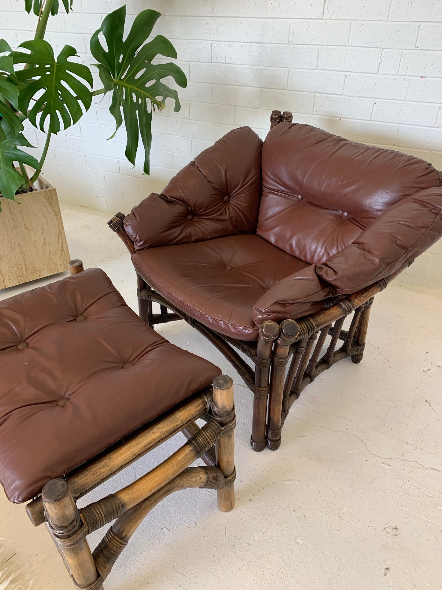 Vintage Cane and Leather Armchair + Ottoman