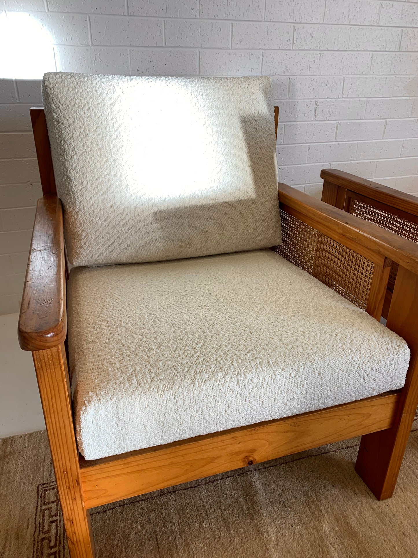 Pine and Rattan Boucle Armchair - Two Available