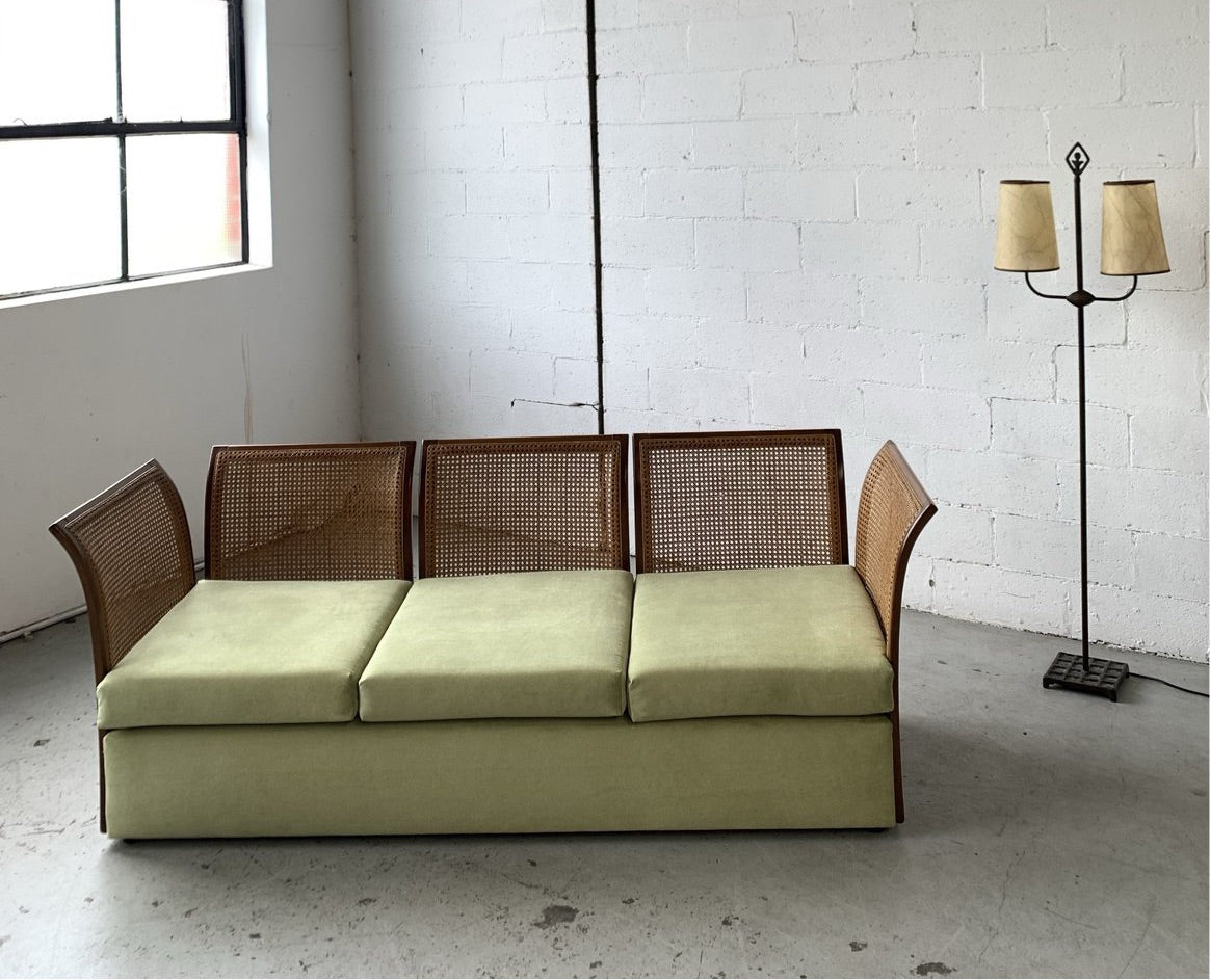 Refurbished Velvet & Rattan Sofa, Circa 1960-70