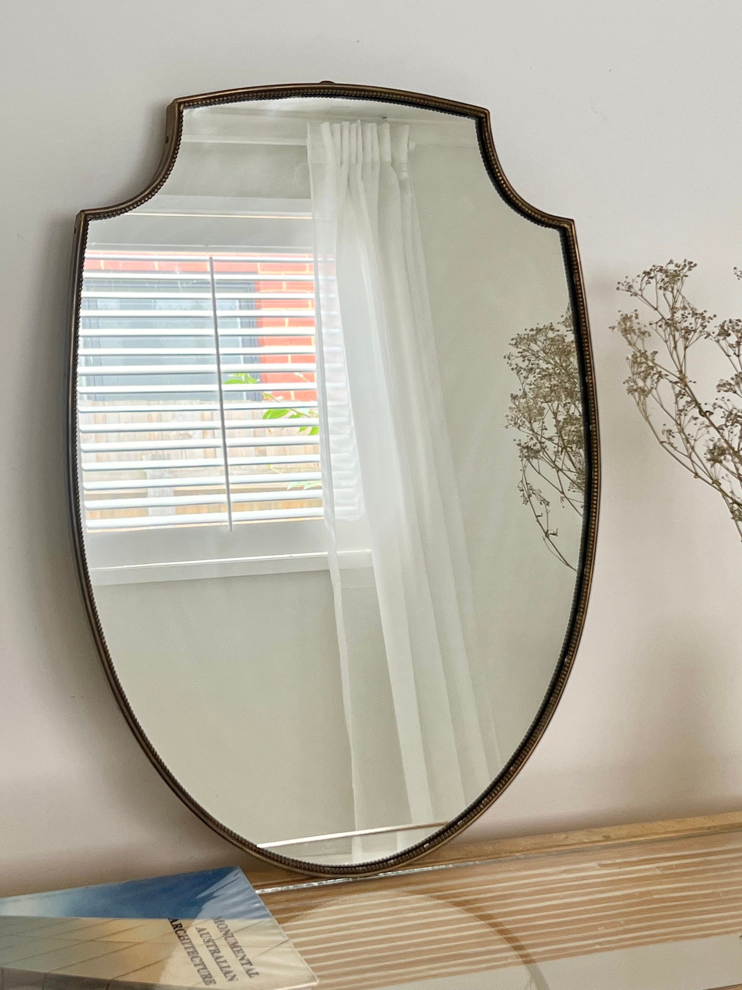 1950s Italian Brass Mirror - Beaded Shield