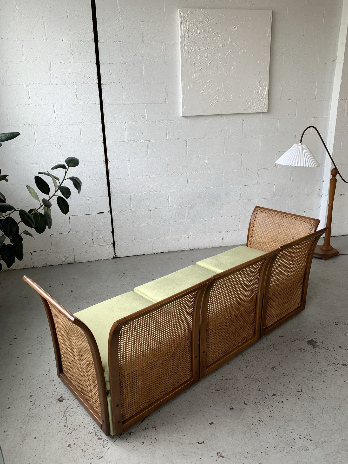 Refurbished Velvet & Rattan Sofa, Circa 1960-70